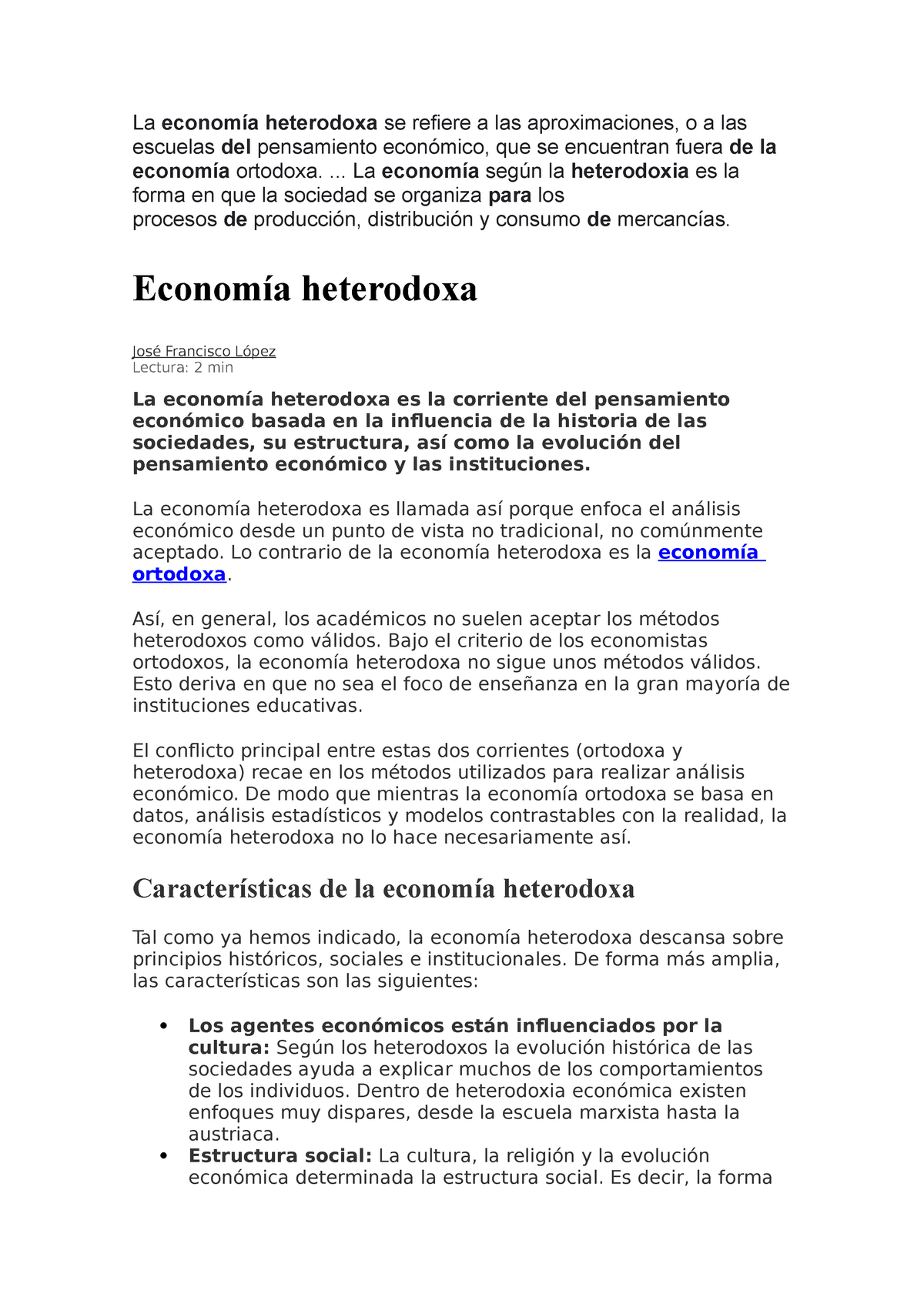 Economia Heterodoxa - lectura pec - La economía heterodoxa se refiere a las  aproximaciones, o a las - Studocu