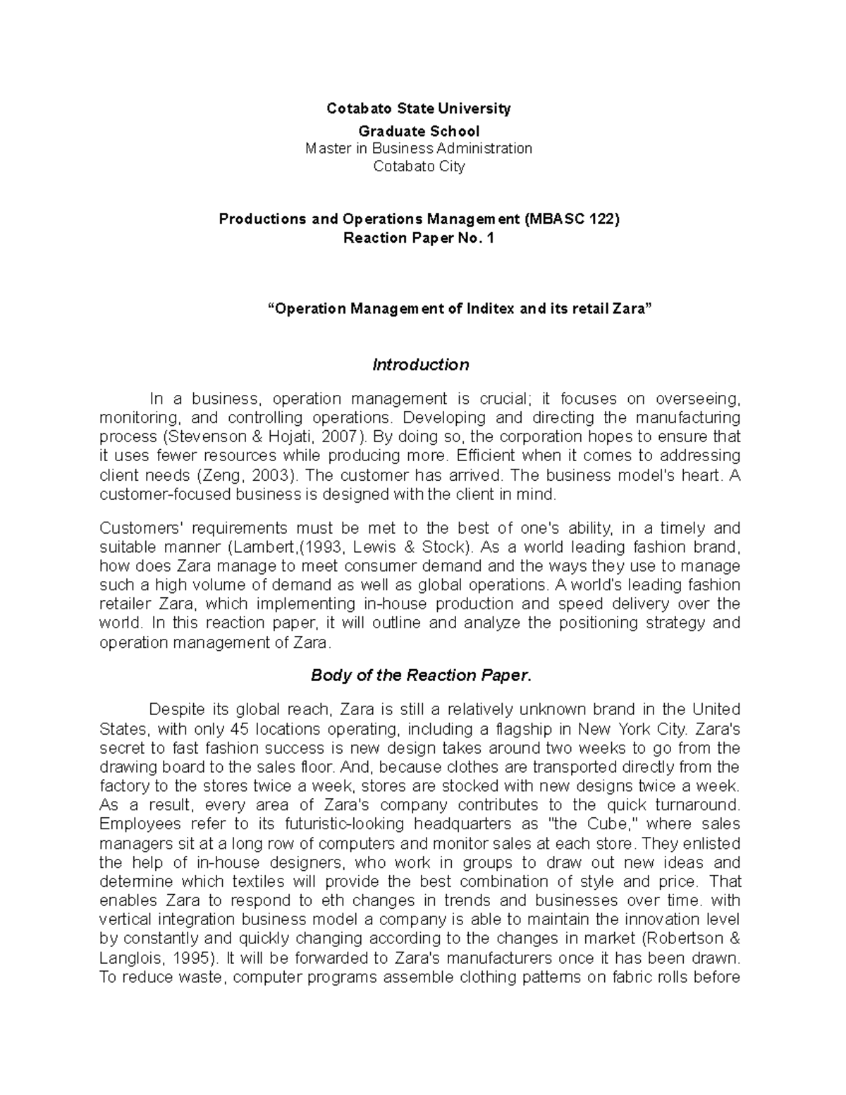 Reaction Paper No. 1 “operation Management Of Inditex And Its Retail 