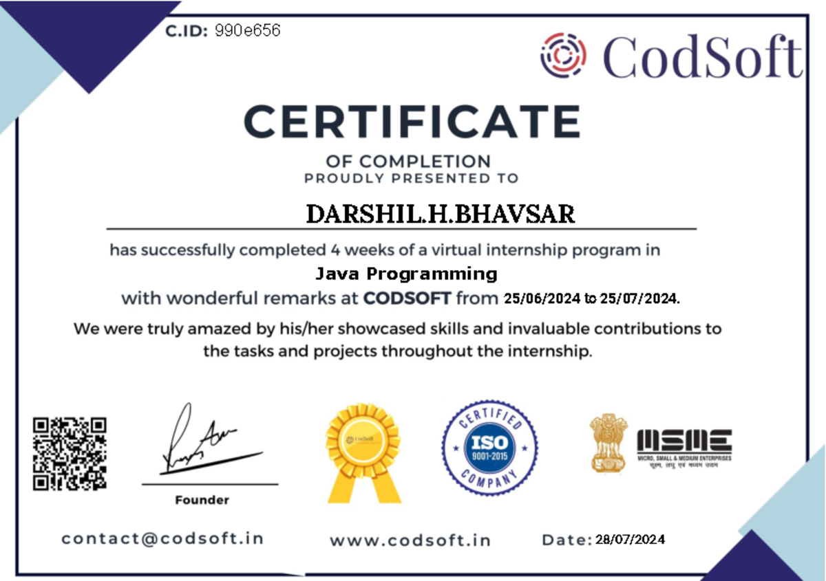 Inter certi - java - C: 990e656 CodSoft CERTIFICATE OF COMPLETION ...