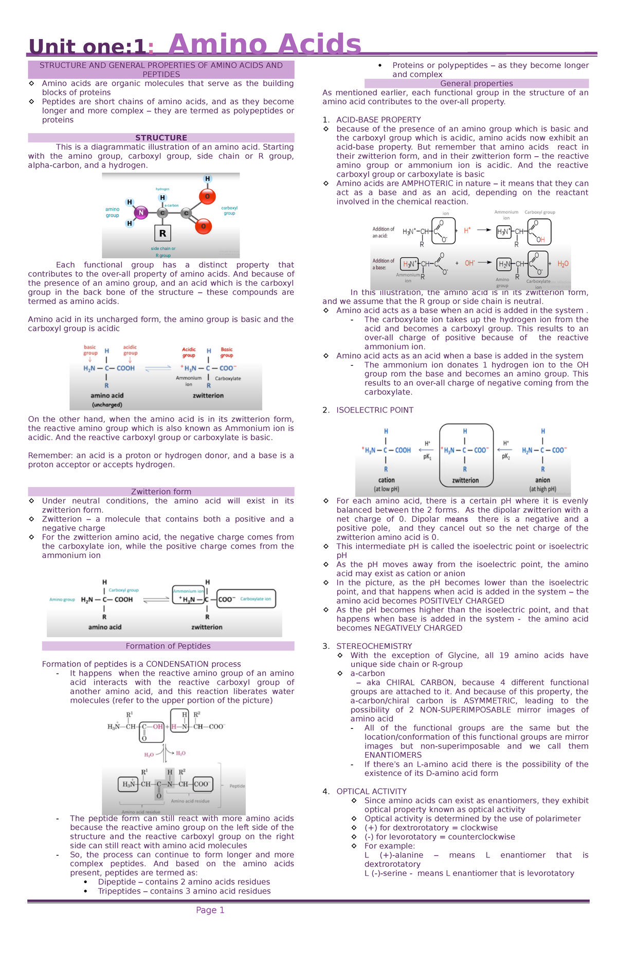 UNIT 1 Amino acids (building blocks of proteins) STRUCTURE AND