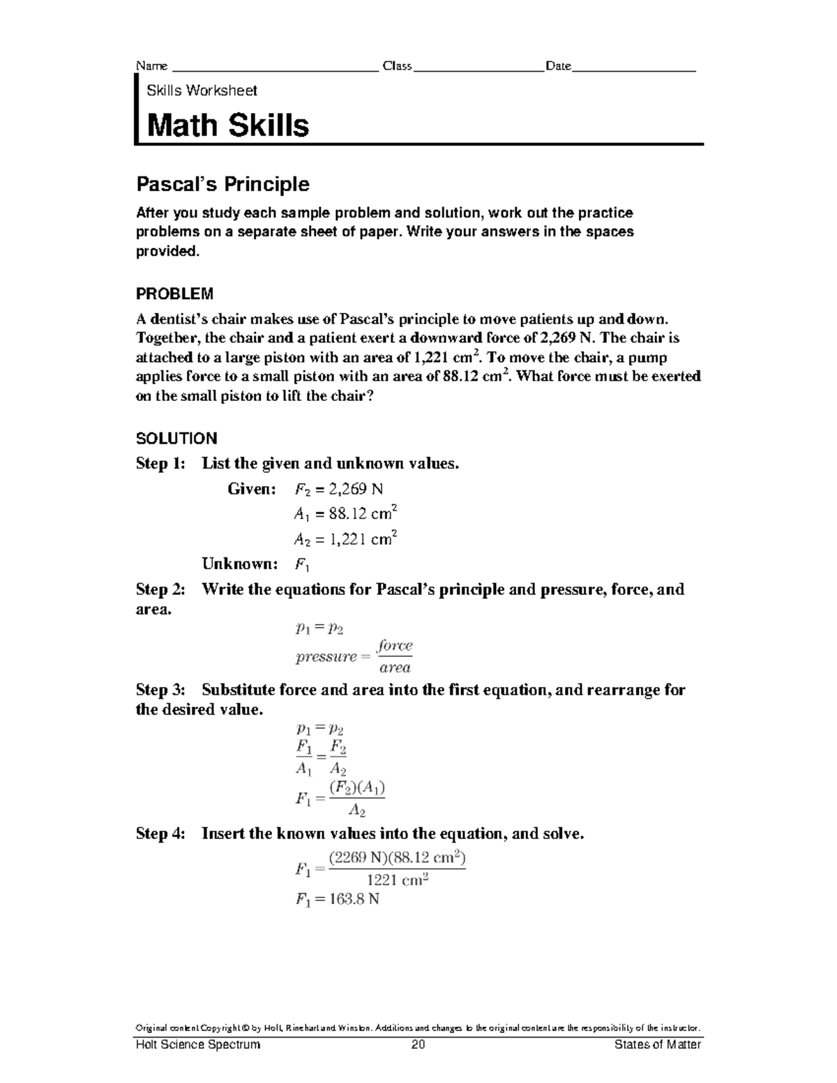 Math skills pascals principle - Original content Copyright © by Holt ...