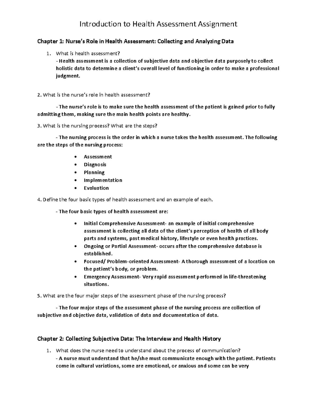 nursing health assessment assignment