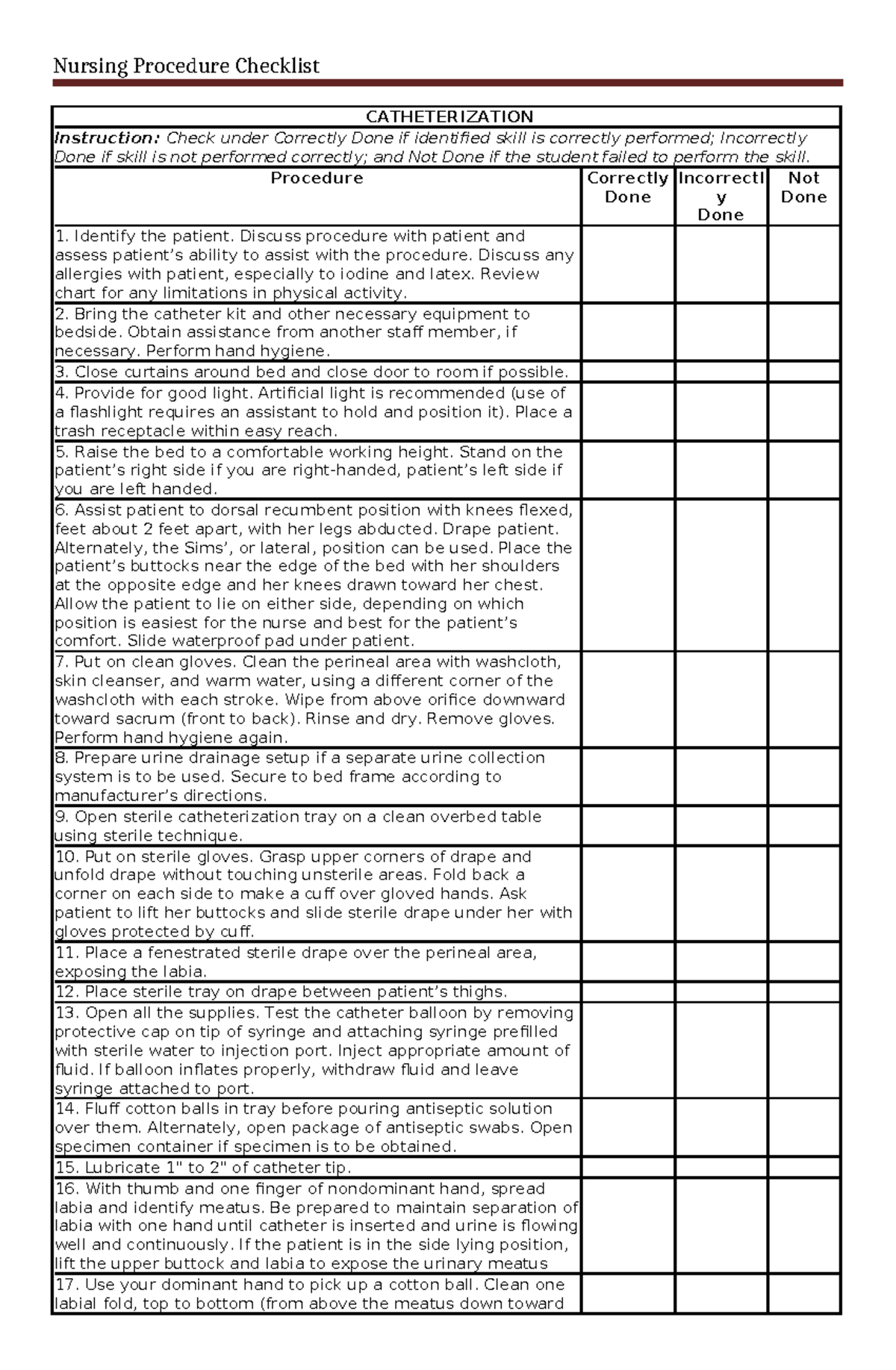 Catheterization- Checklist - Nursing Procedure Checklist ...