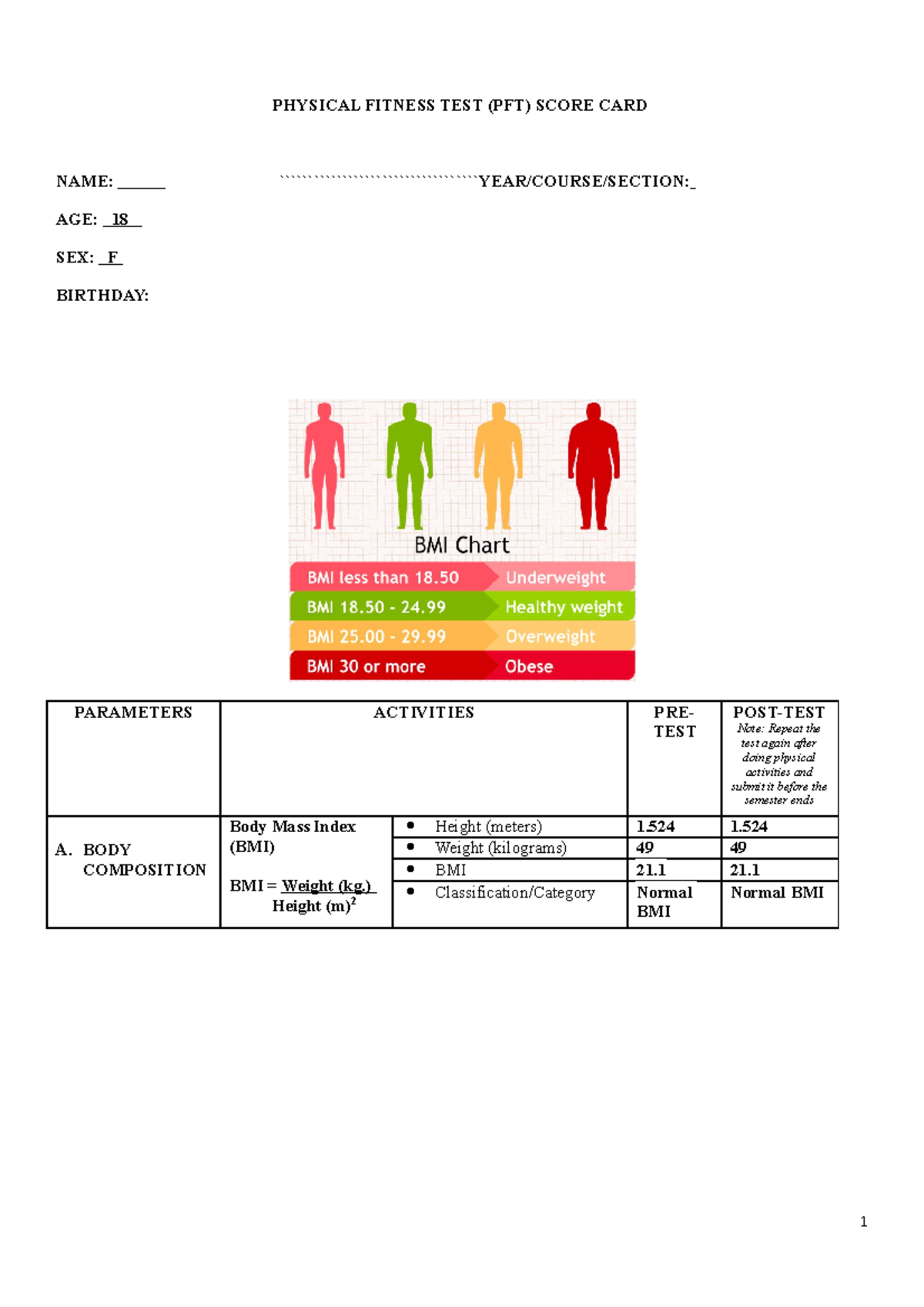 Score Sheet For The Fitness Test PHYSICAL FITNESS TEST PFT SCORE