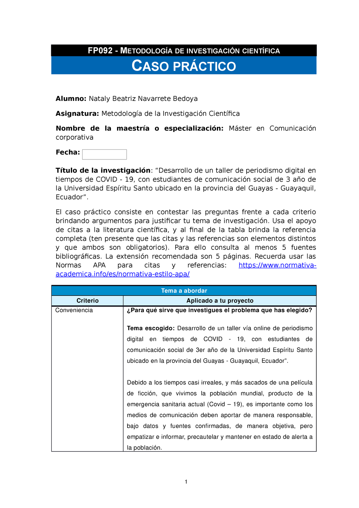 Caso Práctico Metodología De La Investigación Científica Fp092 MetodologÍa De