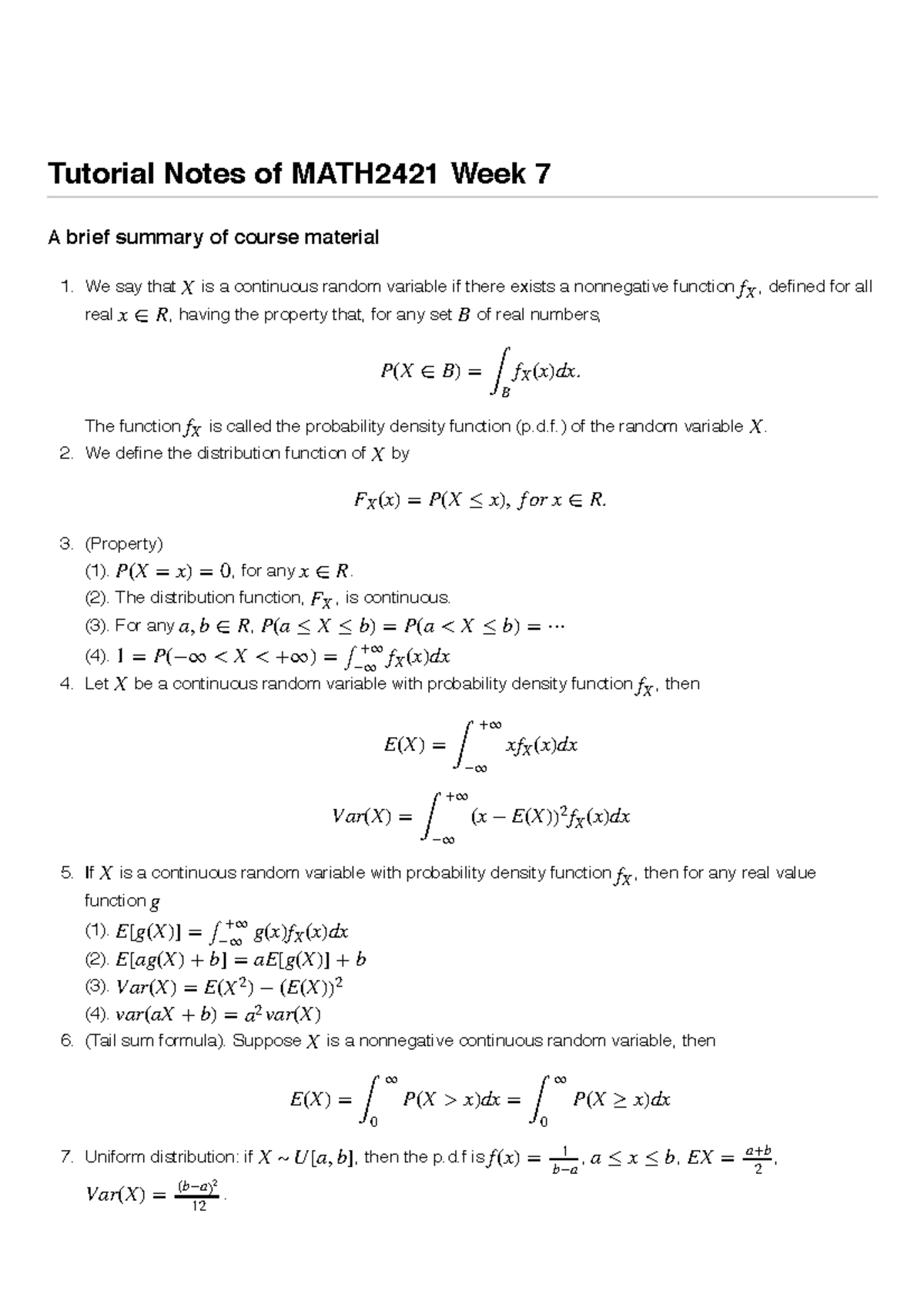 Ta Notes Week7 Bao Zhigang Tutorial Notes Of Math2421 Week Brief Summary Of Studocu