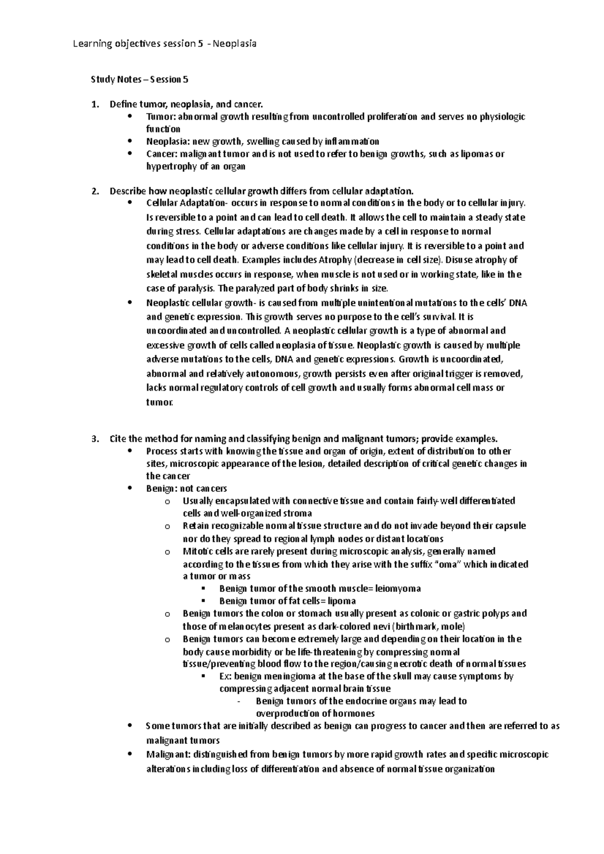 Study Notes - Define tumor, neoplasia, and cancer. Tumor: abnormal ...