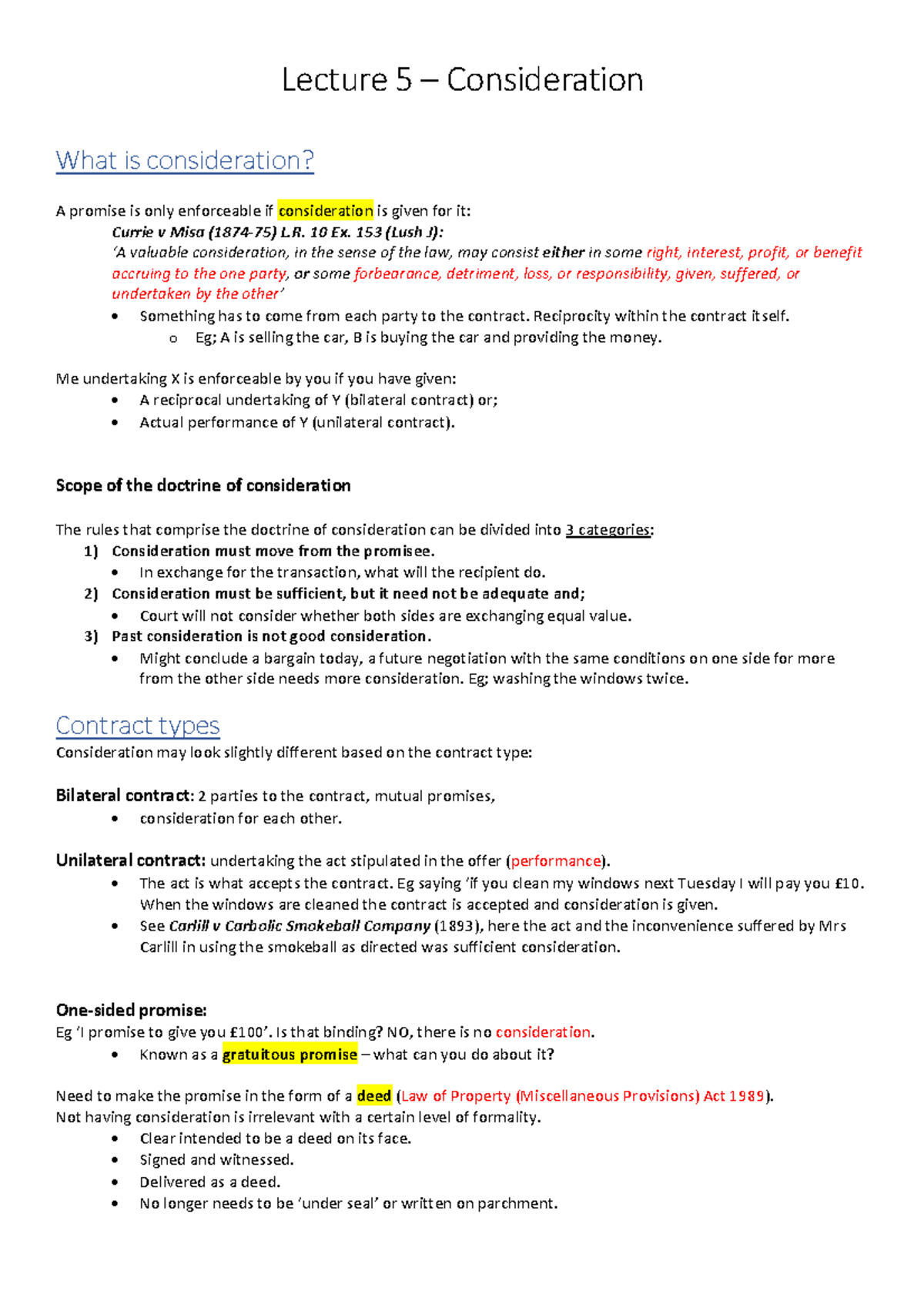 Consideration Lecture 5 Notes - Lecture 5 – Consideration What Is ...