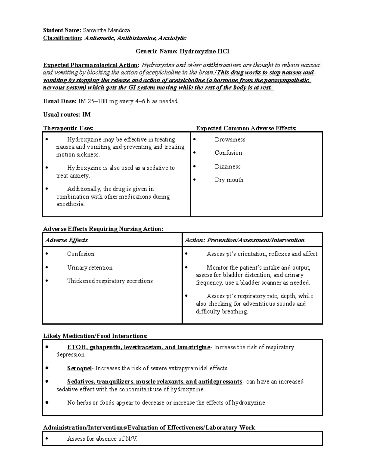 Hydroxyzine Unit 2 - Student Name: Samantha Mendoza Classification ...