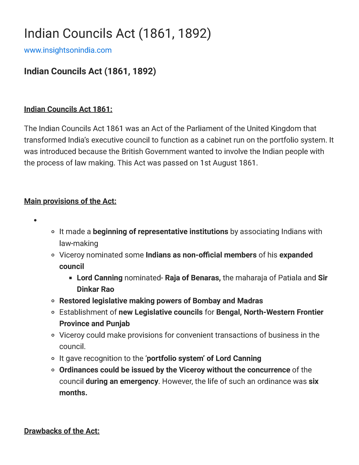 Indian Councils Act (1861, 1892) - Insightsias - Indian Councils Act ...