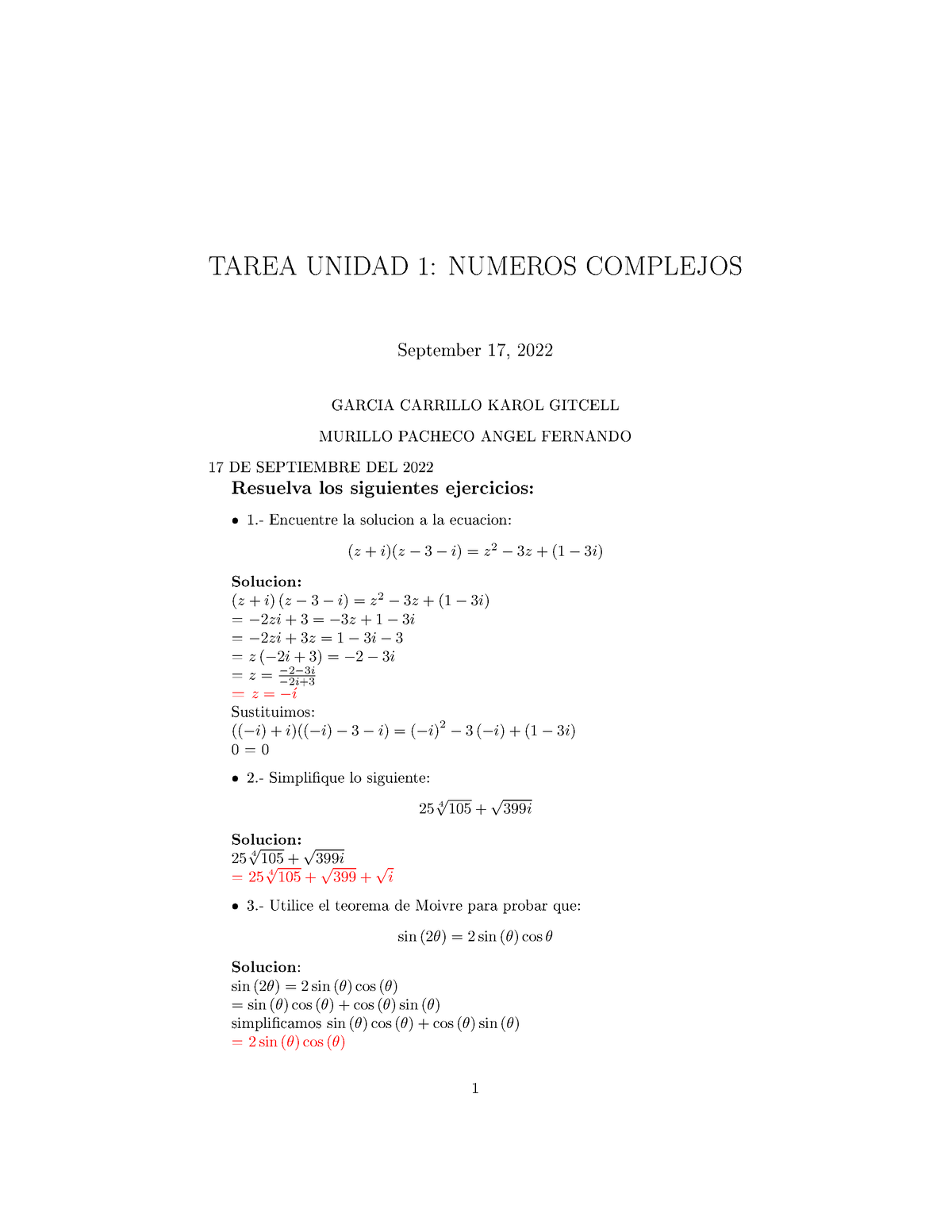 Algebra Ejercicios LYX - TAREA UNIDAD 1: NUMEROS COMPLEJOS September 17 ...