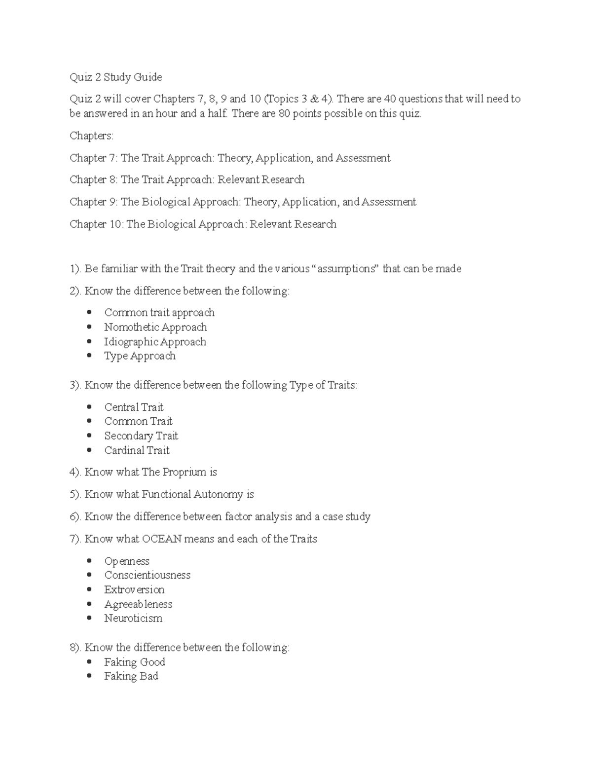 Study Guide 1 - Quiz 2 Study Guide Quiz 2 Will Cover Chapters 7, 8, 9 ...