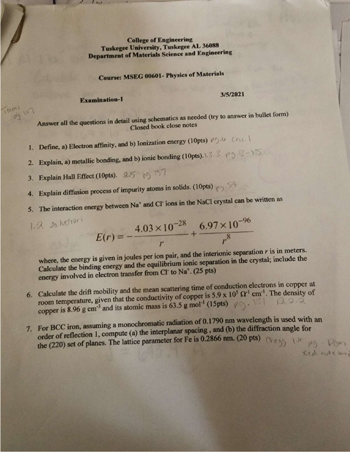 Test1601 - Physics Of Materials Practice Test - PHYS 2200 - Studocu