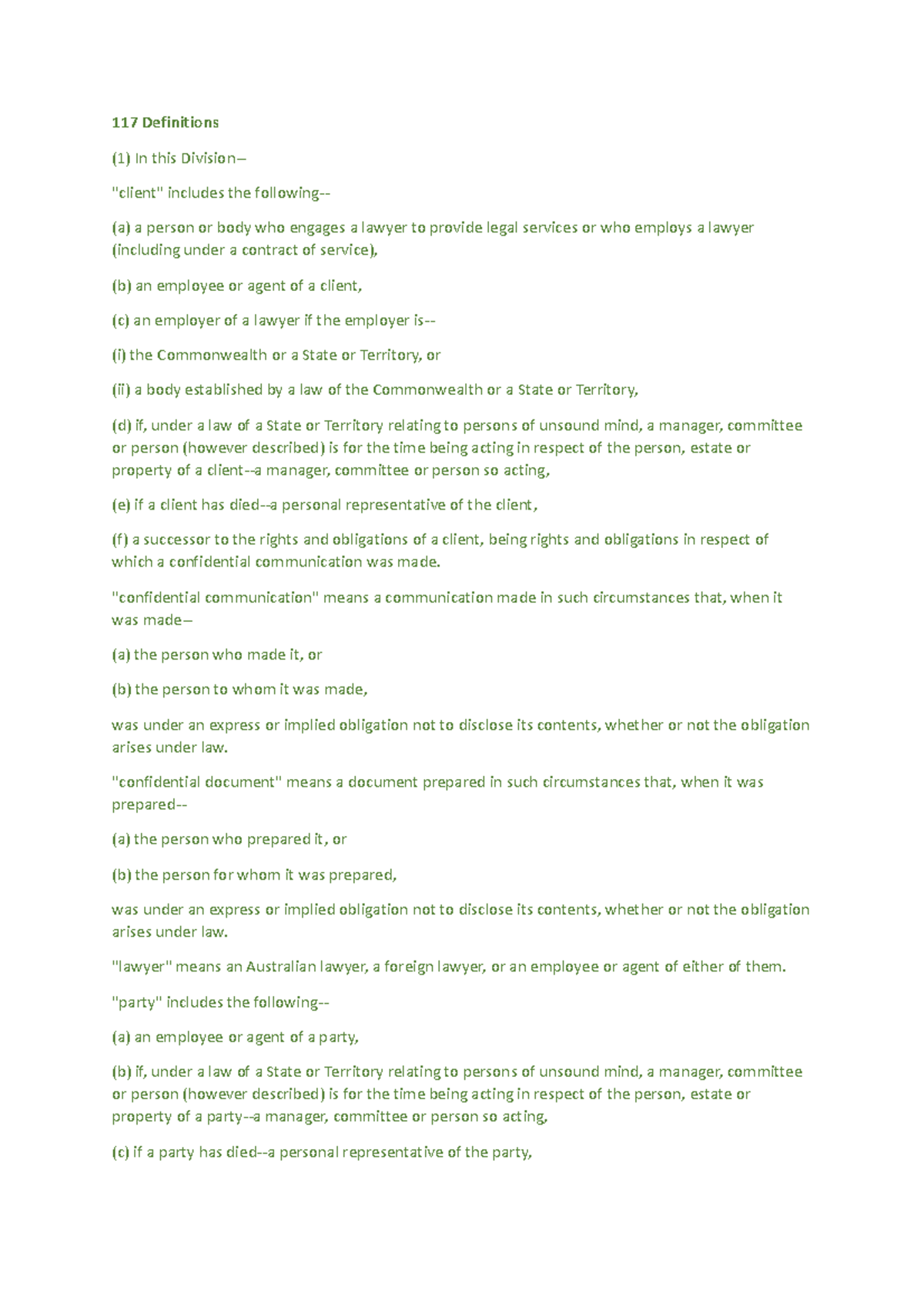 4 Solicitor-Client confidential information - 117 De昀椀ni琀椀ons (1) In ...