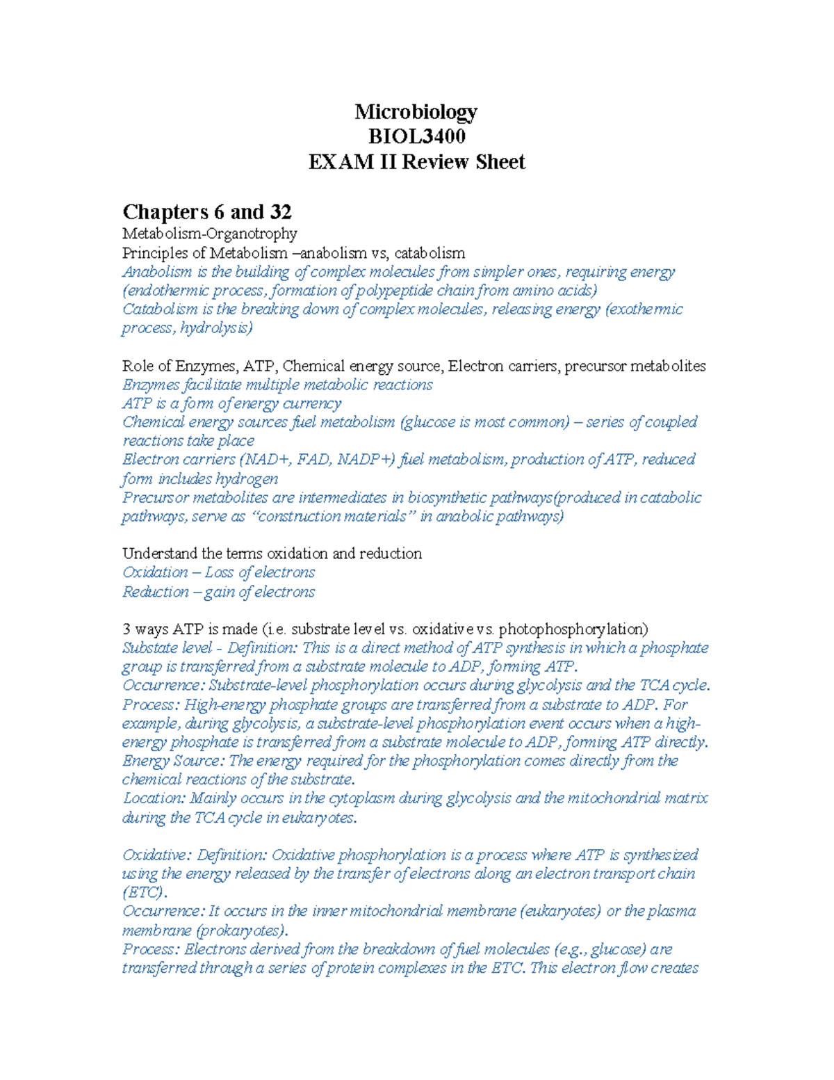 BIOL3400 Winter 2012 Review Sheet Exam 2 - Microbiology BIOL EXAM II ...