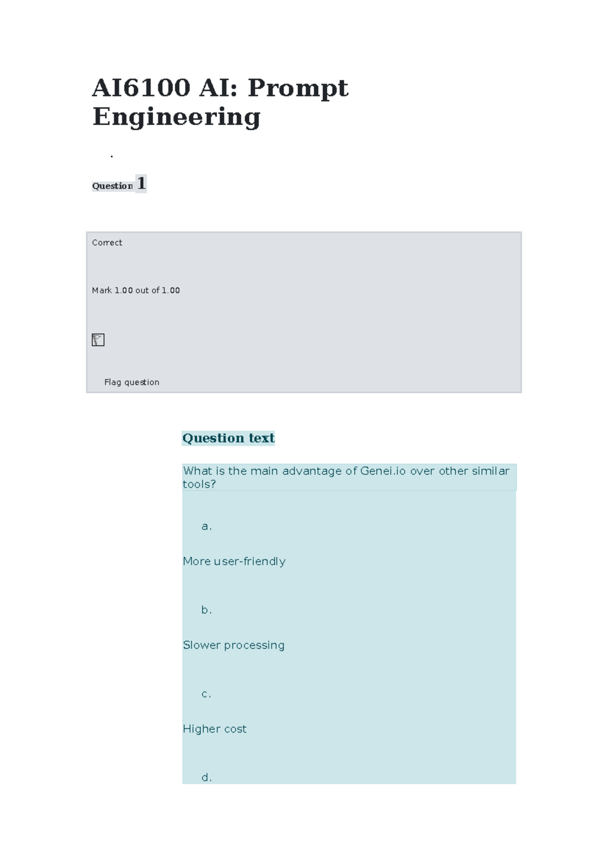 AI6100 AI1 - AI PROMPT EXAM - AI6100 AI: Prompt Engineering . Question ...