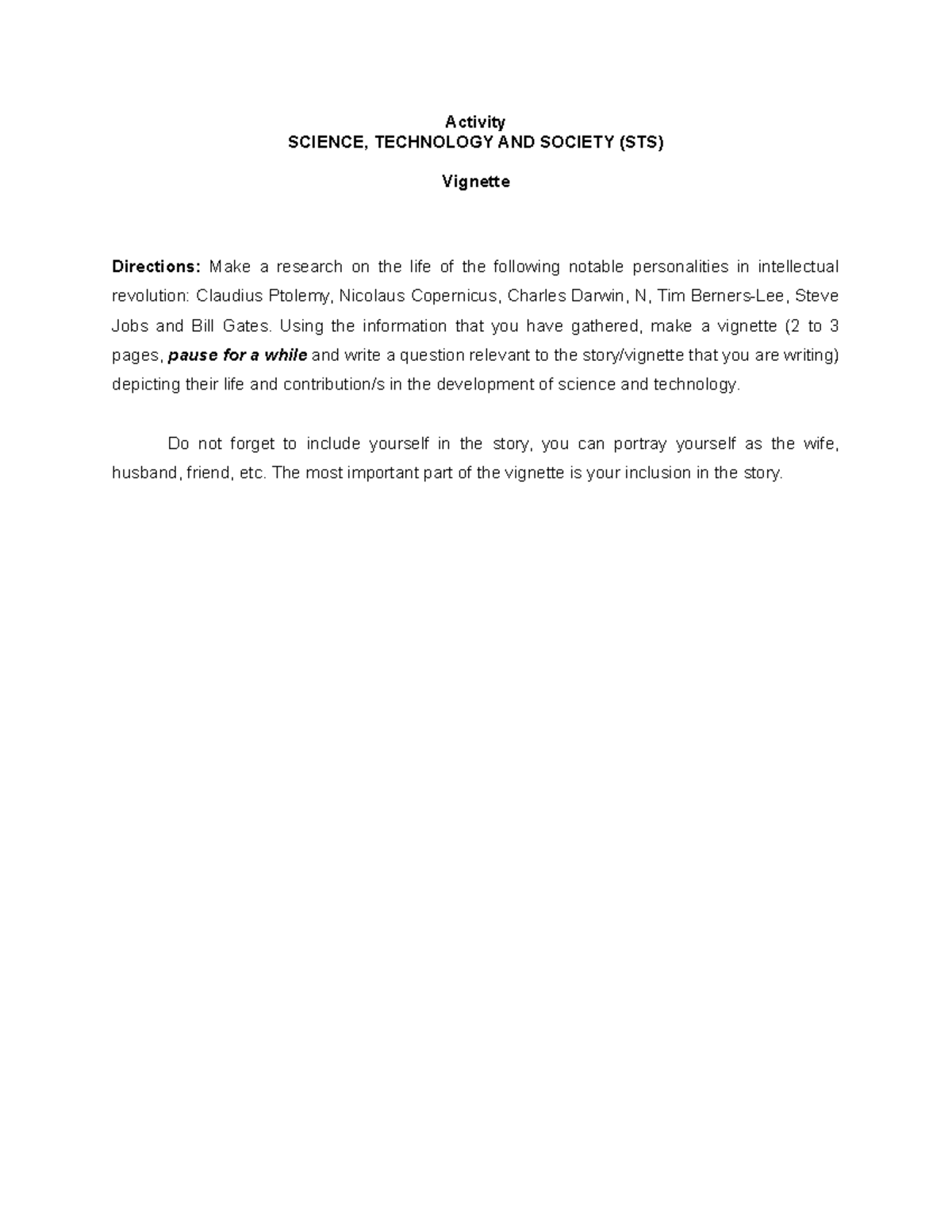 STS Activity Activity SCIENCE, TECHNOLOGY AND SOCIETY (STS