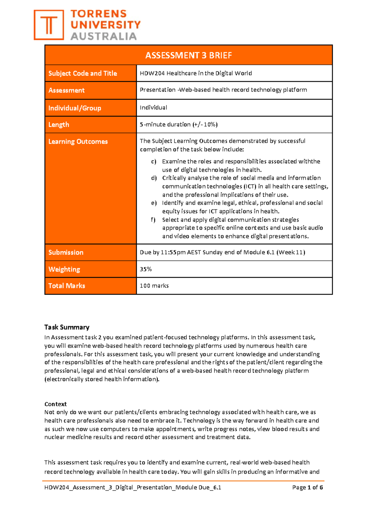 21323 Assessment 3 Brief hdw 204 HDW204_Assessment_3_Digital