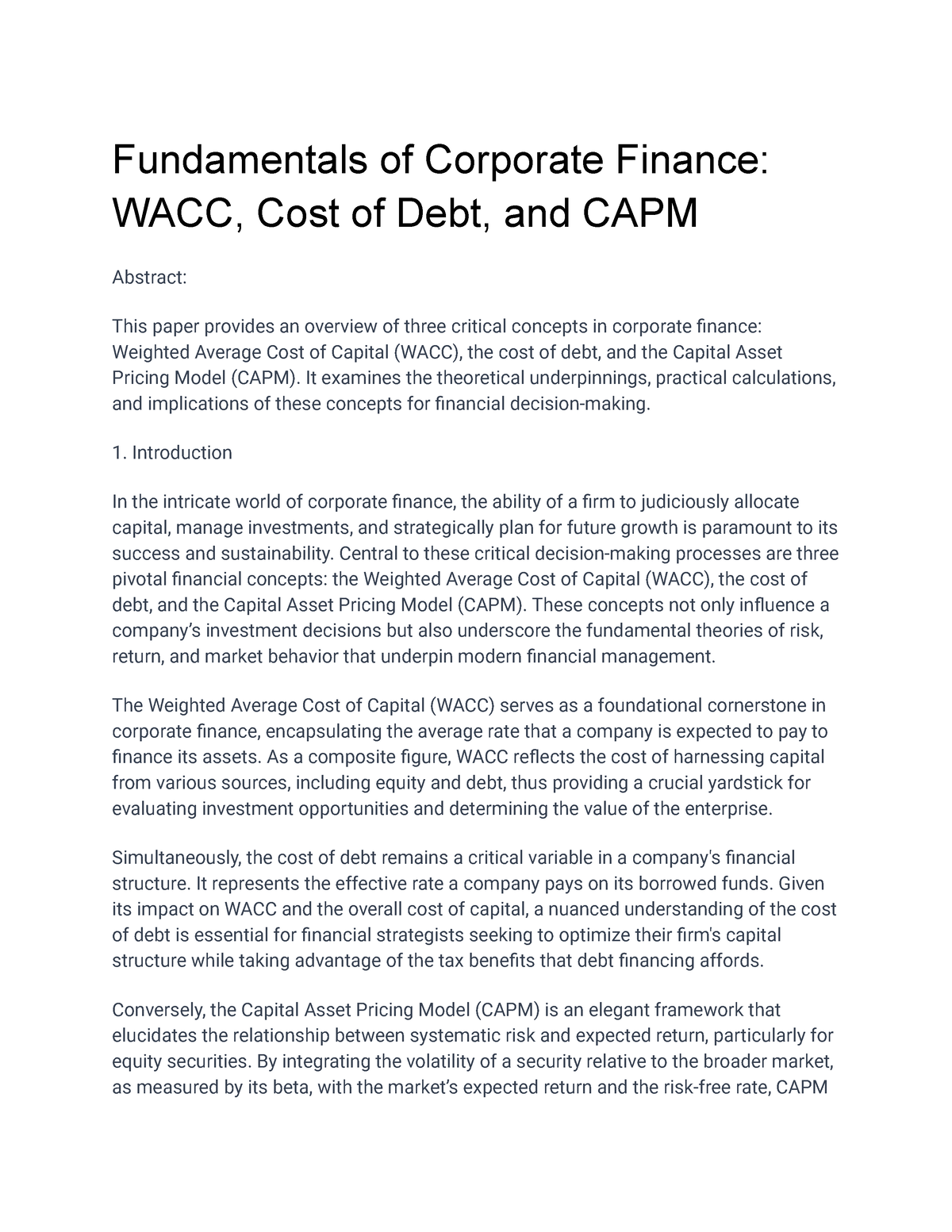 Mangerial Finance Summary Fundamentals Of Corporate Finance Wacc Cost Of Debt And Capm 4187