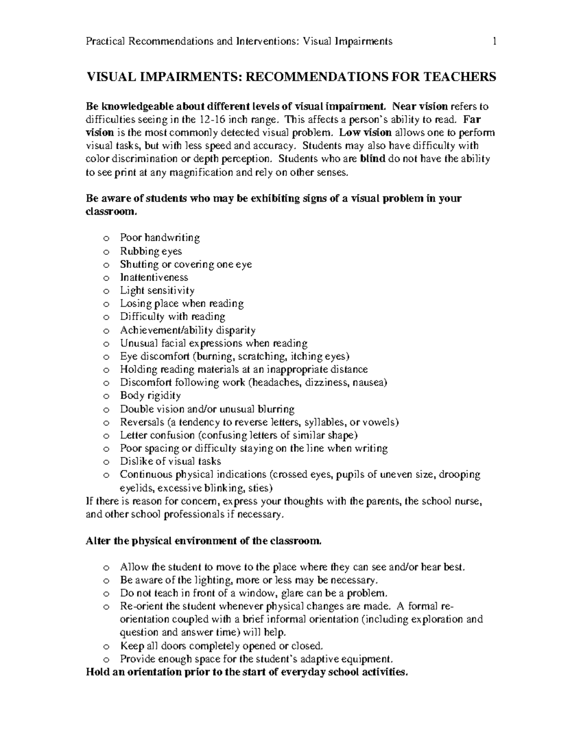 Visual Impairments - notes - Practical Recommendations and ...