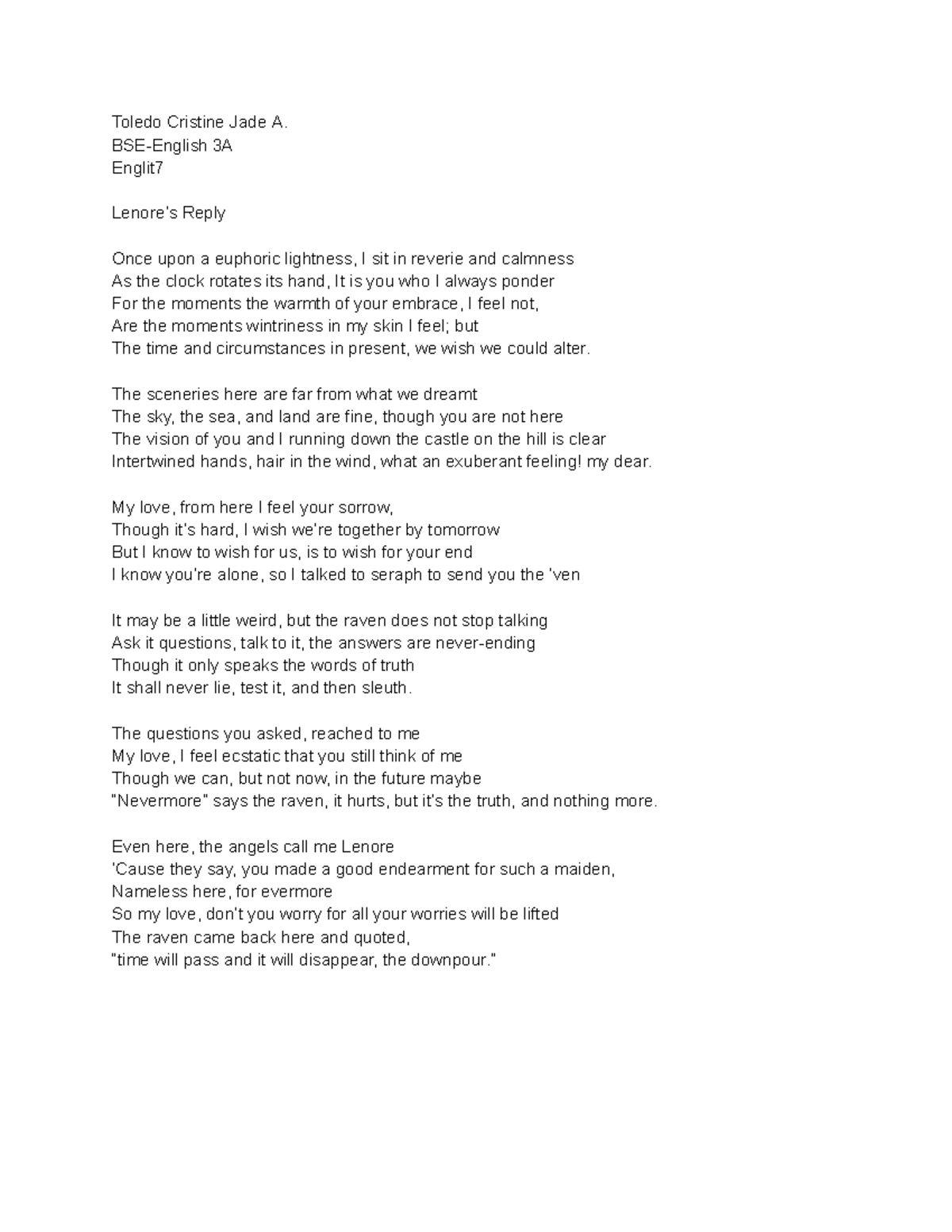 Enore's Reply - a poem - Toledo Cristine Jade A. BSE-English 3A Englit ...