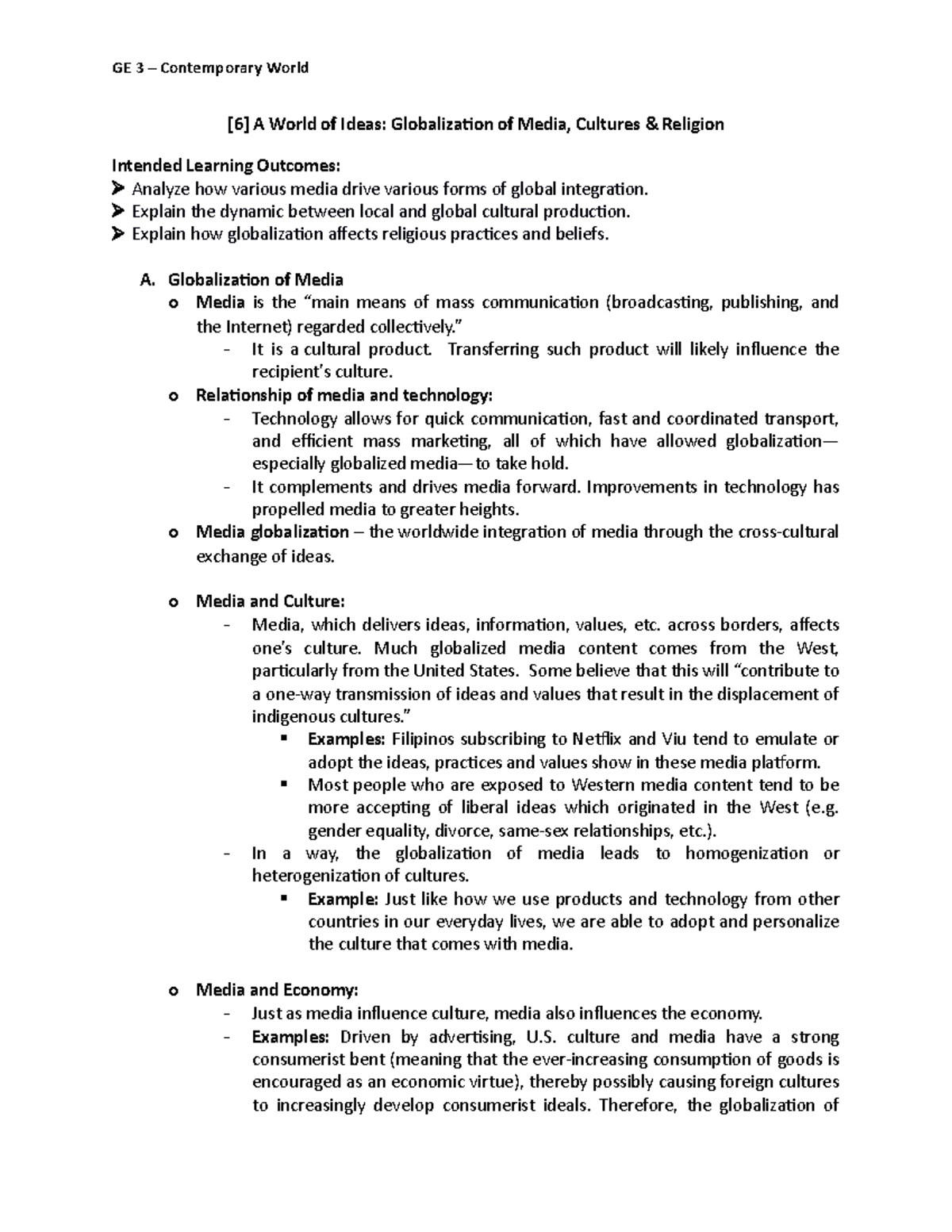 6 A World of Ideas Globalization of Media Cultures Religion StuDocu