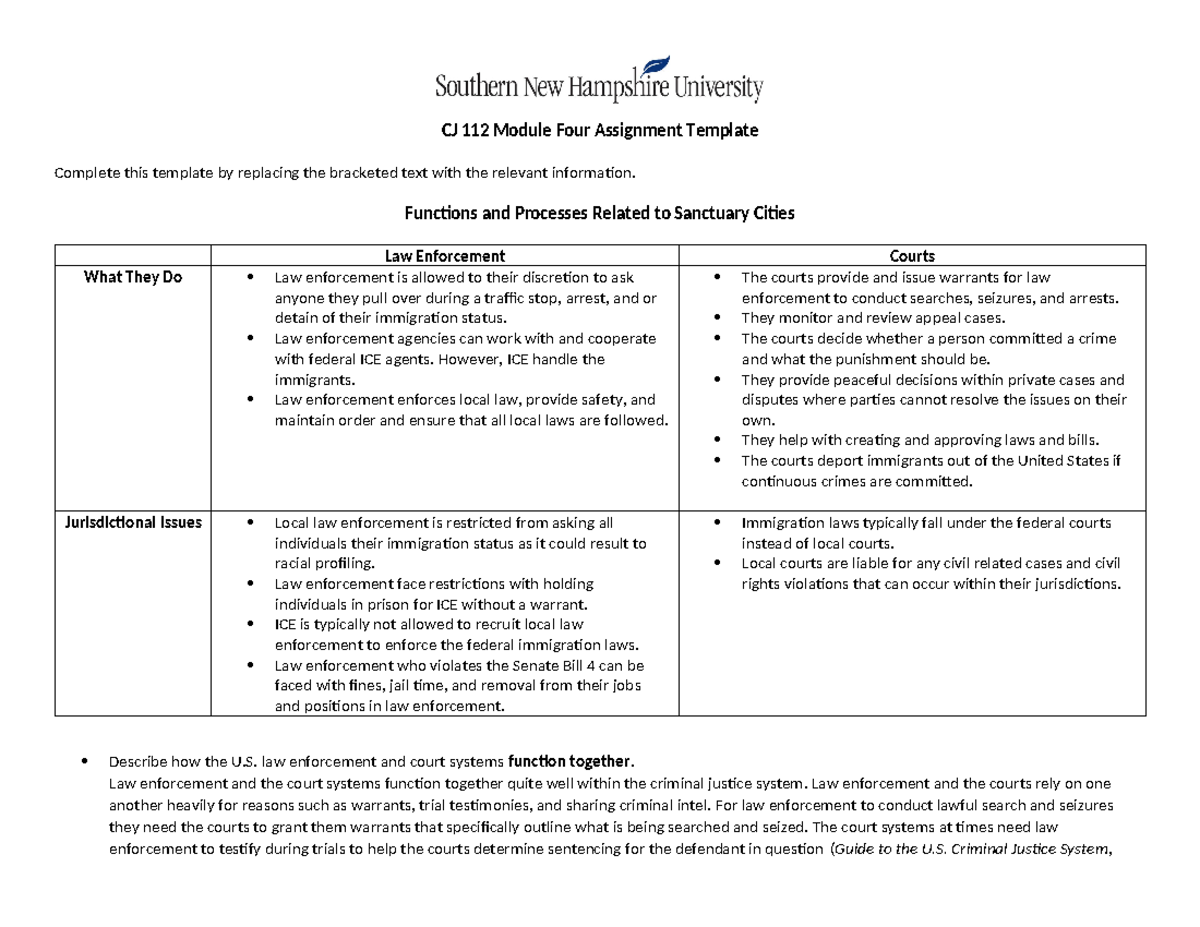 CJ 112 Module Four Assignment - Functions and Processes Related to ...