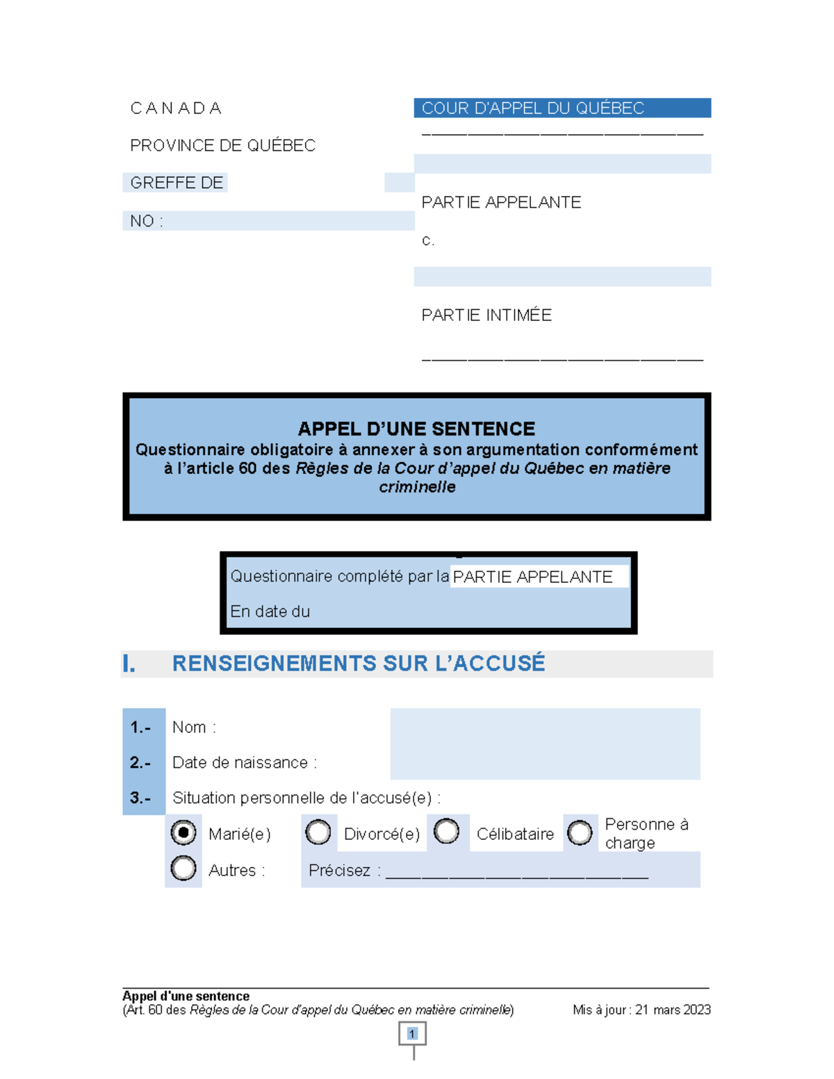 Questionnaire relatif à l'appel d'une sentence - - Studocu
