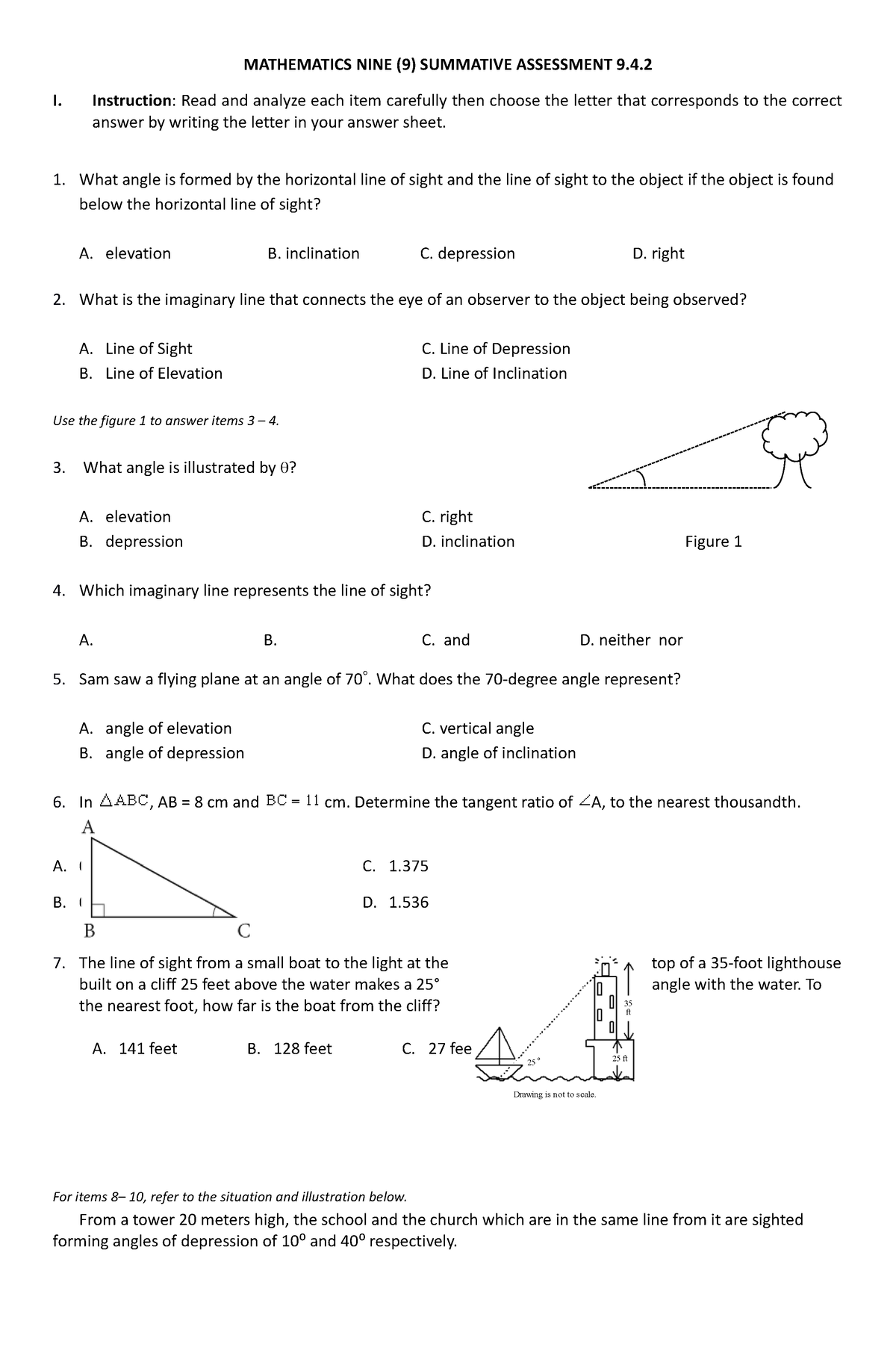 Summative Assessment.9 - MATHEMATICS NINE (9) SUMMATIVE ASSESSMENT 9. I ...