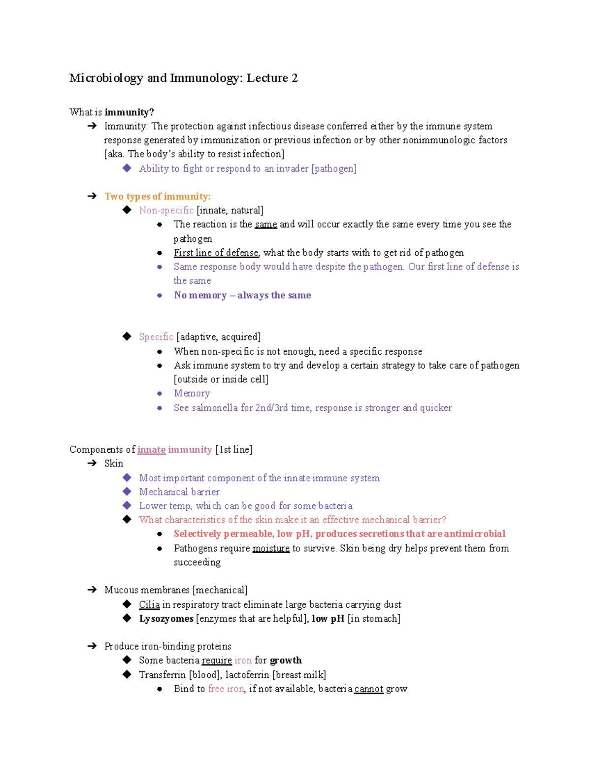 Microbiology and Immunology: lecture 2 notes - Immunity - Microbiology ...