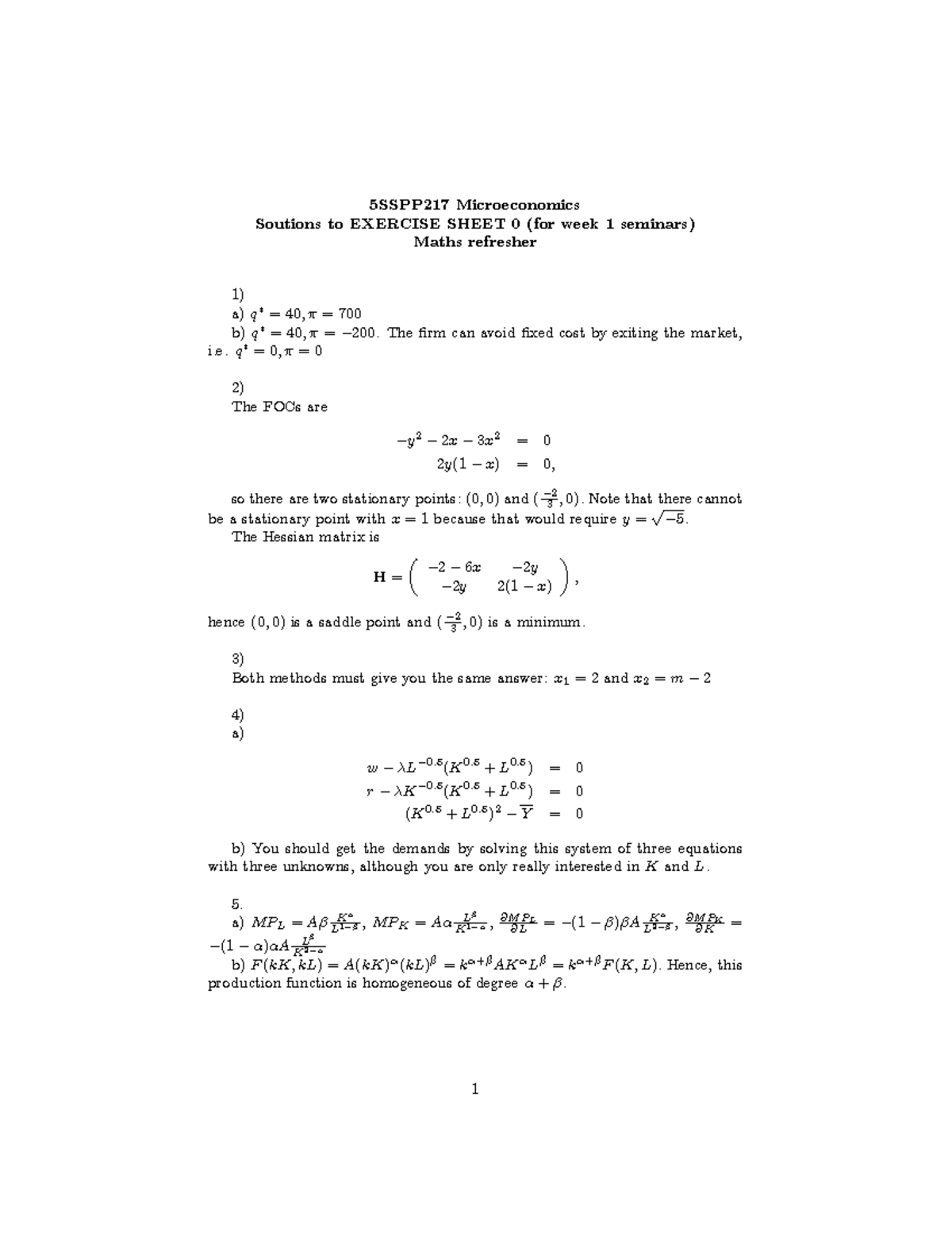 Solutions Sheet 0 22-23 - 5SSPP217 Microeconomics Soutions To EXERCISE ...