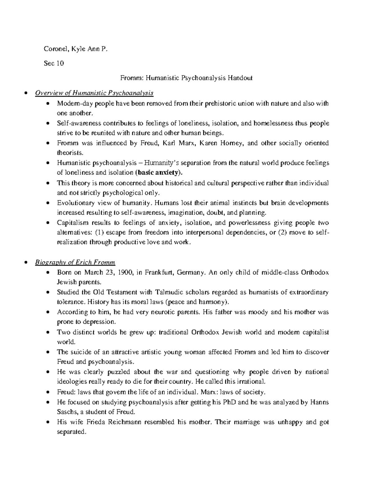 PSY1204Sec10 Coronel KA Handout Fromm's Psychoanalytic Humanistic ...