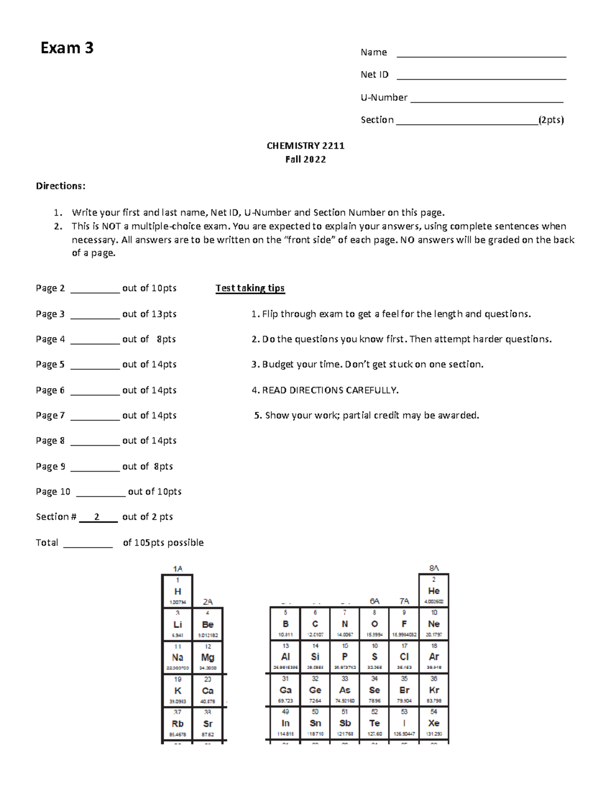 CHM2211 Exam 3 on 11-4-22 - Exam 3 CHEMISTRY 2211 Fall 2022 Directions ...