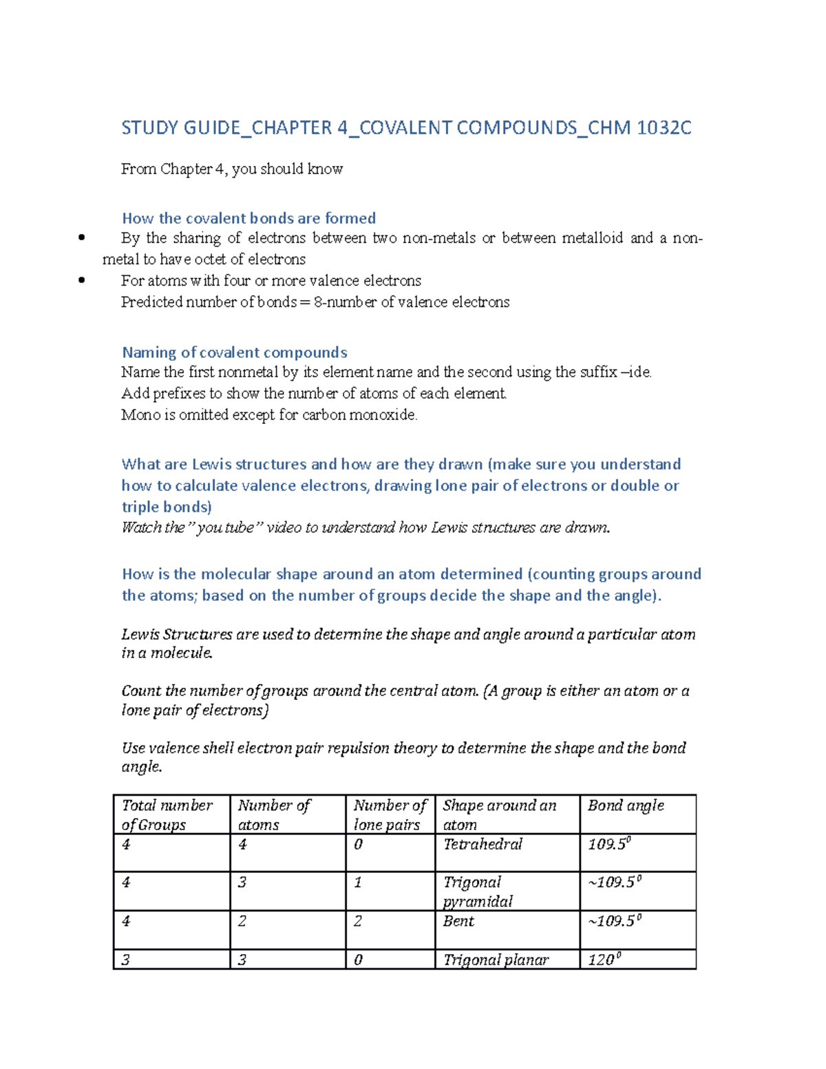 Study Guide Chapter 4 - STUDY GUIDE_CHAPTER 4_COVALENT COMPOUNDS_CHM ...