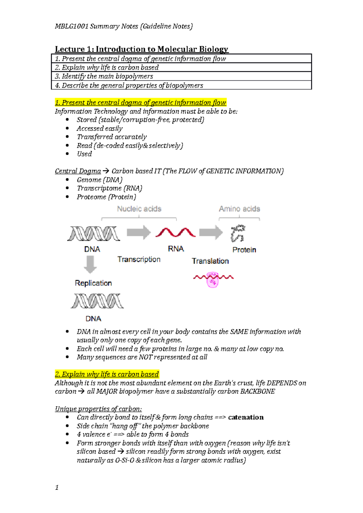 Summary lectures 116 Lecture 1 Introduction to Molecular Biology