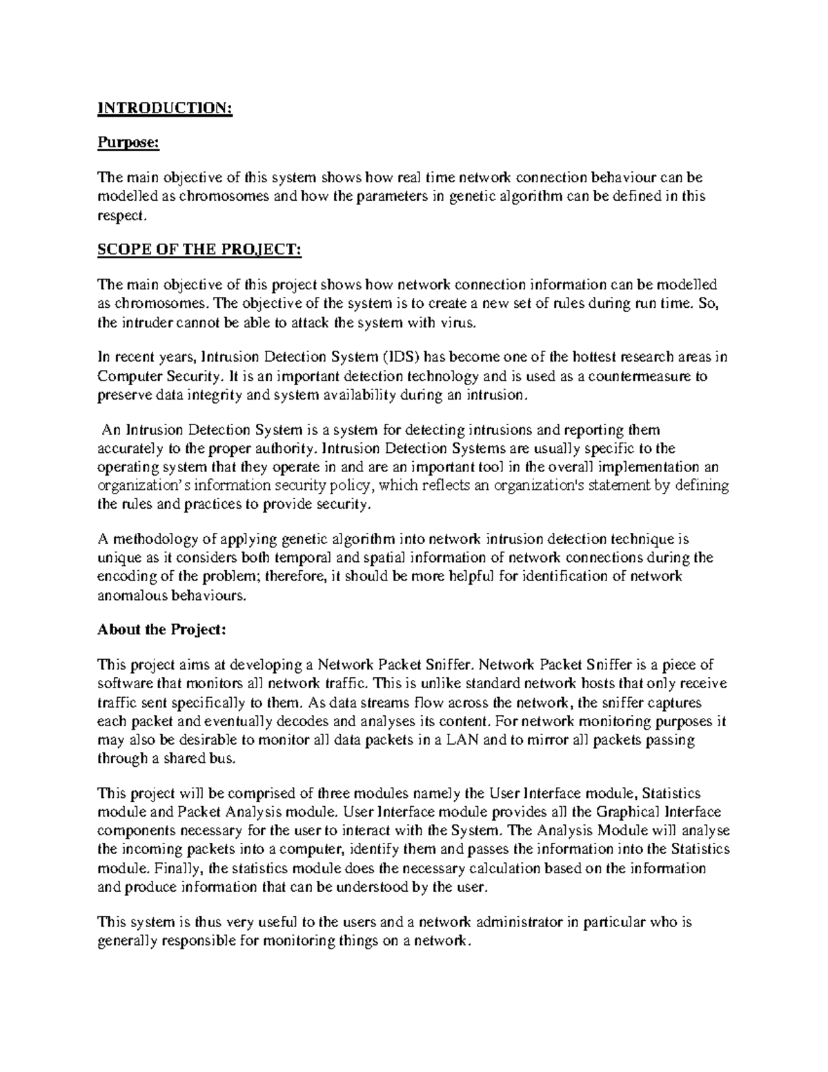 Network Packet Sniffer Project Synopsis INTRODUCTION Purpose The