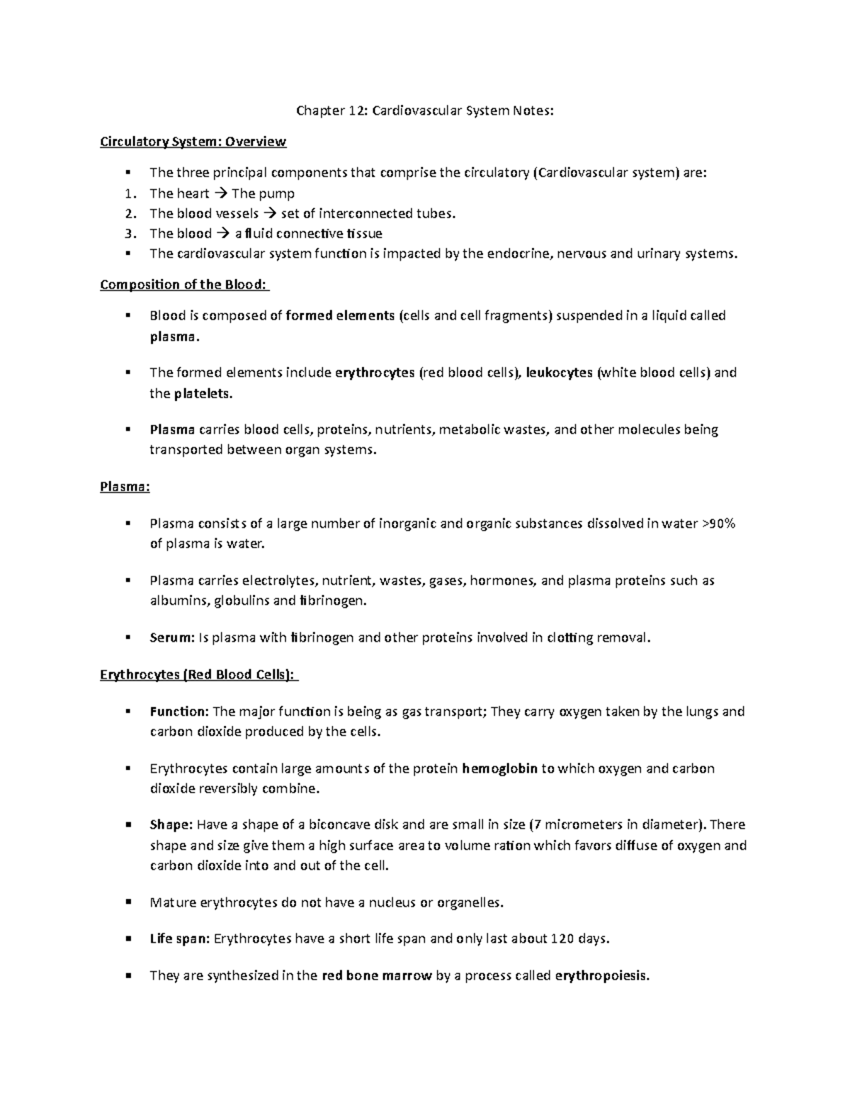 Chapter 12 Physiology Notes - Chapter 12: Cardiovascular System Notes ...