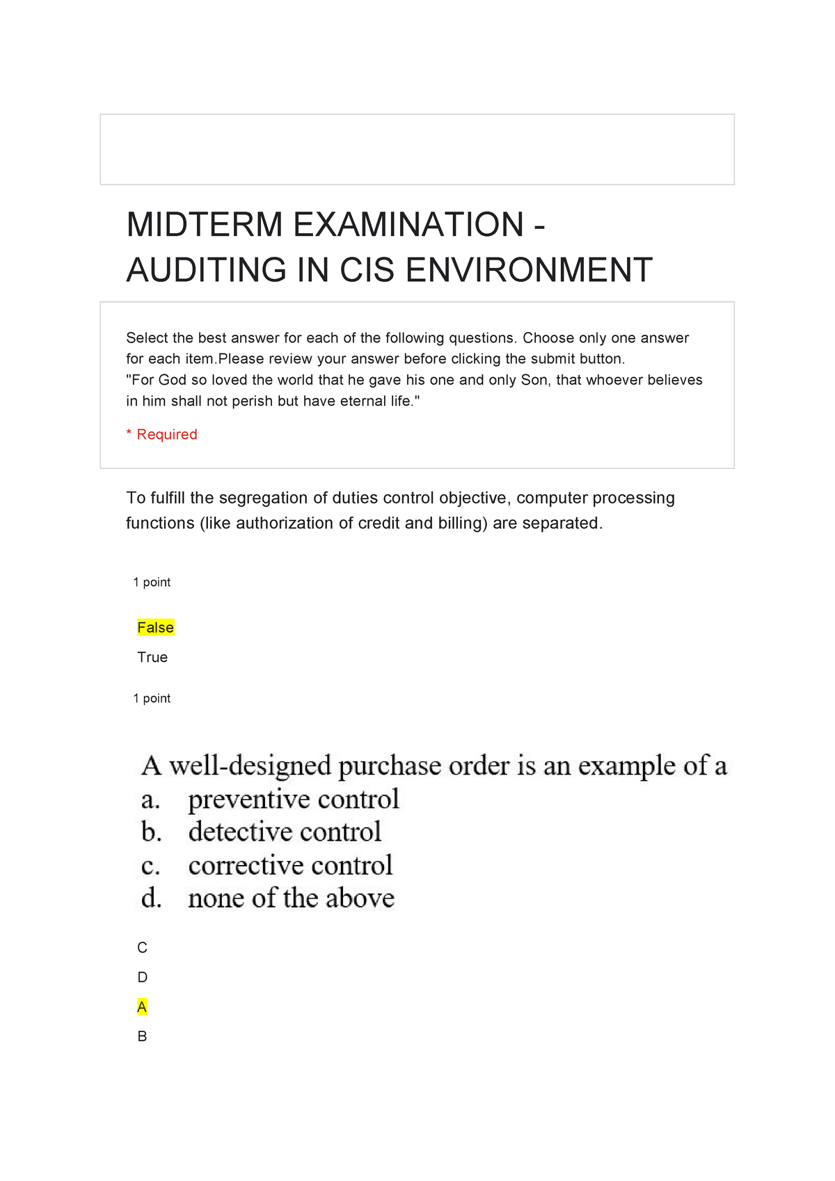 CIS Midterm - For Practice - MIDTERM EXAMINATION - AUDITING IN CIS ...