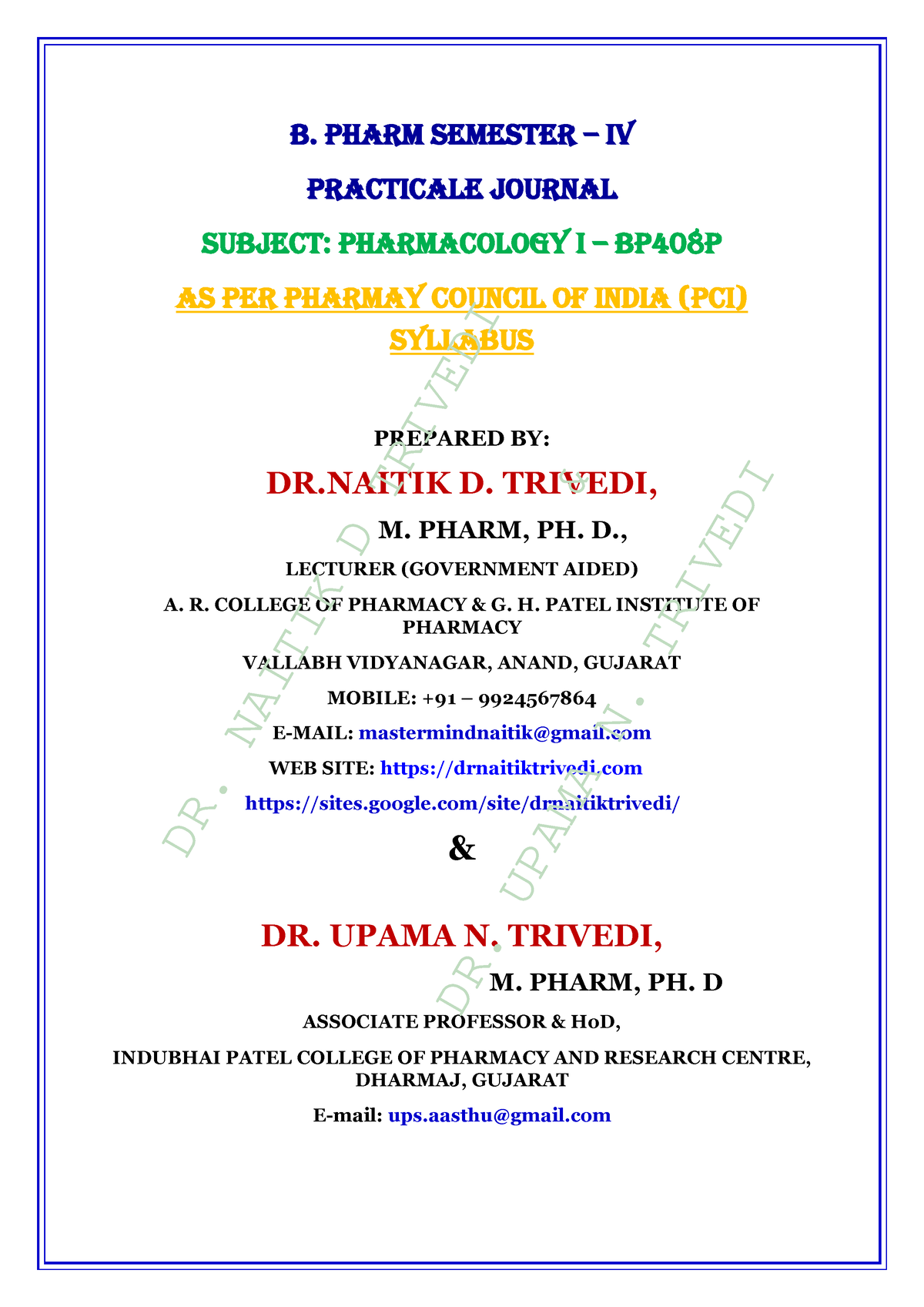 BP408P Pharmacology I Practical Journal B - B. PHARM SEMESTER – IV PRACTICALE JOURNAL SUBJECT ...