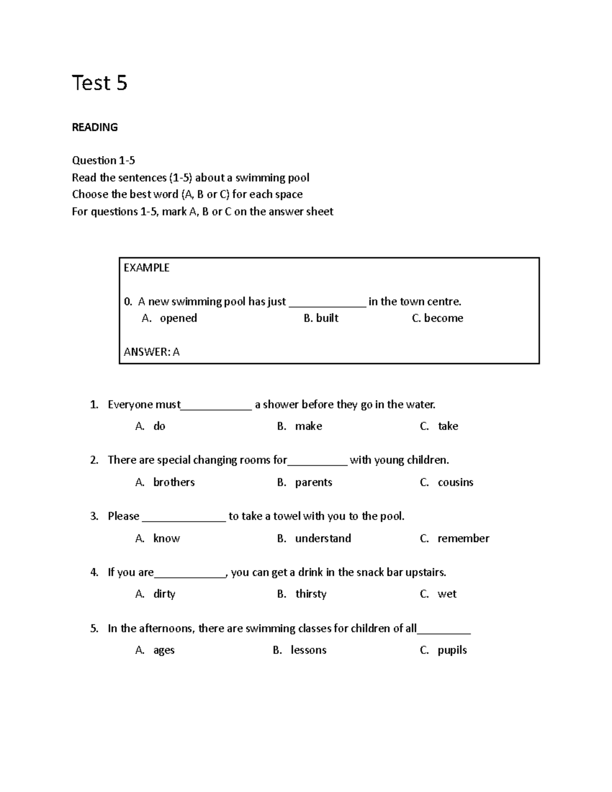 Document 2 - Test - Test 5 READING Queson 1- Read the sentences (1-5 ...