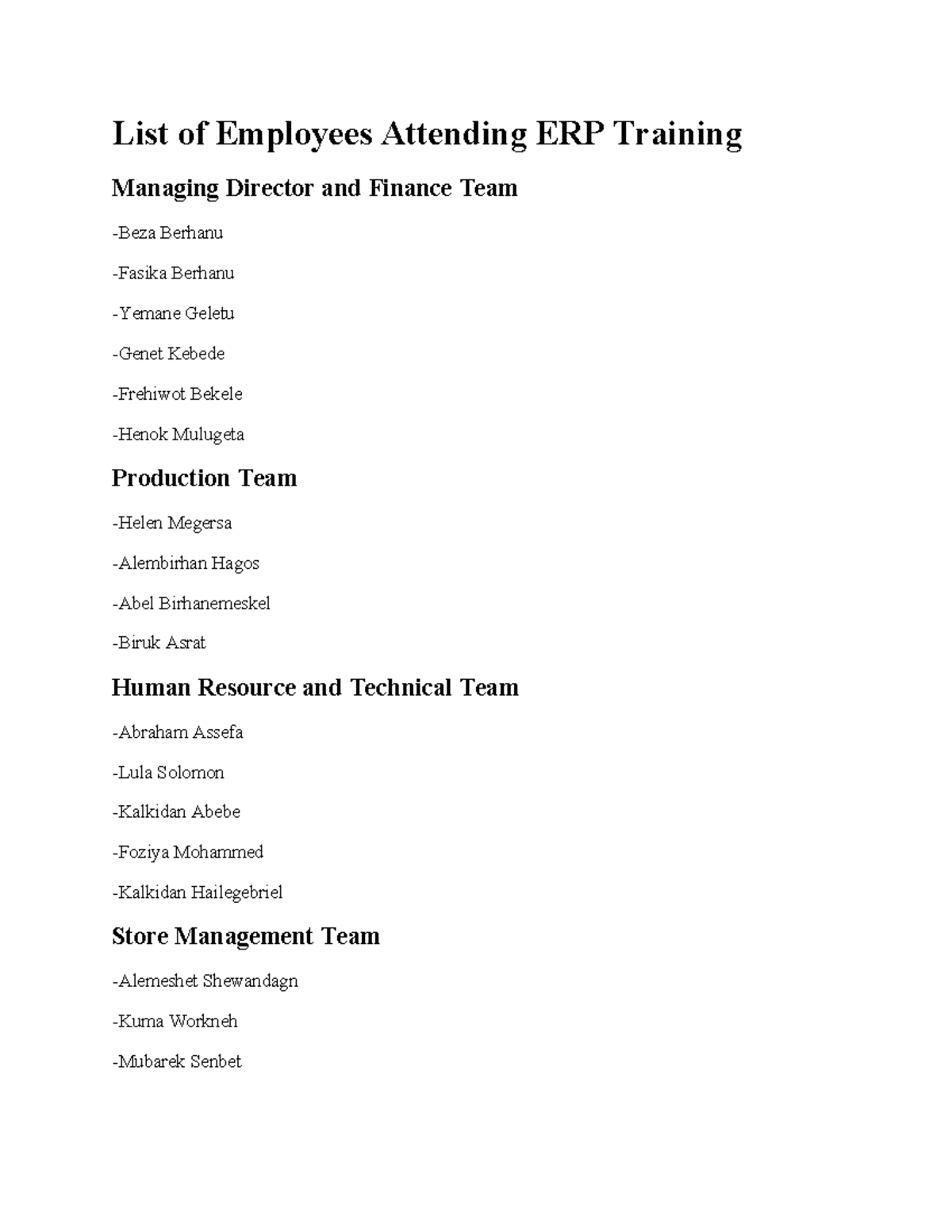 List of Employees Attending ERP Training - List of Employees Attending ...
