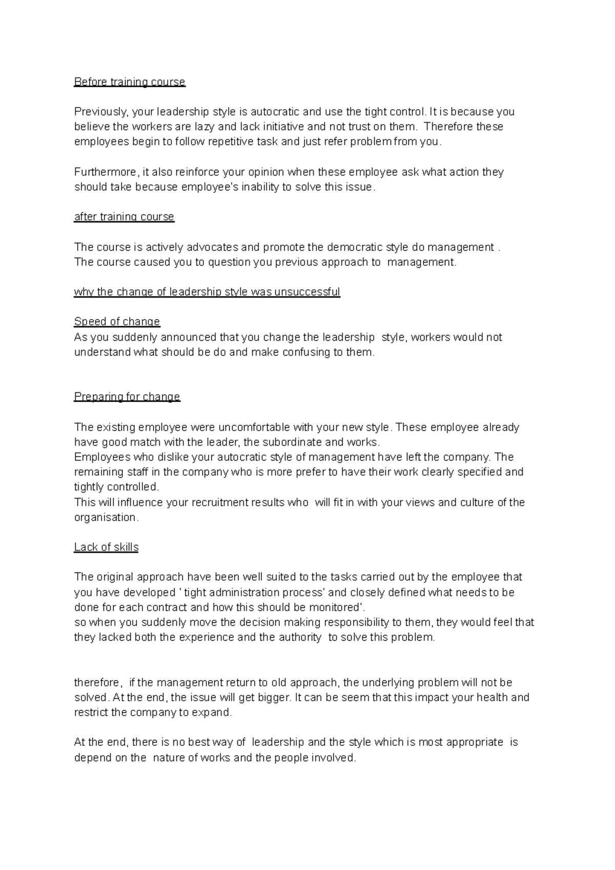 SBL (leadership style ) - Before training course Previously, your ...