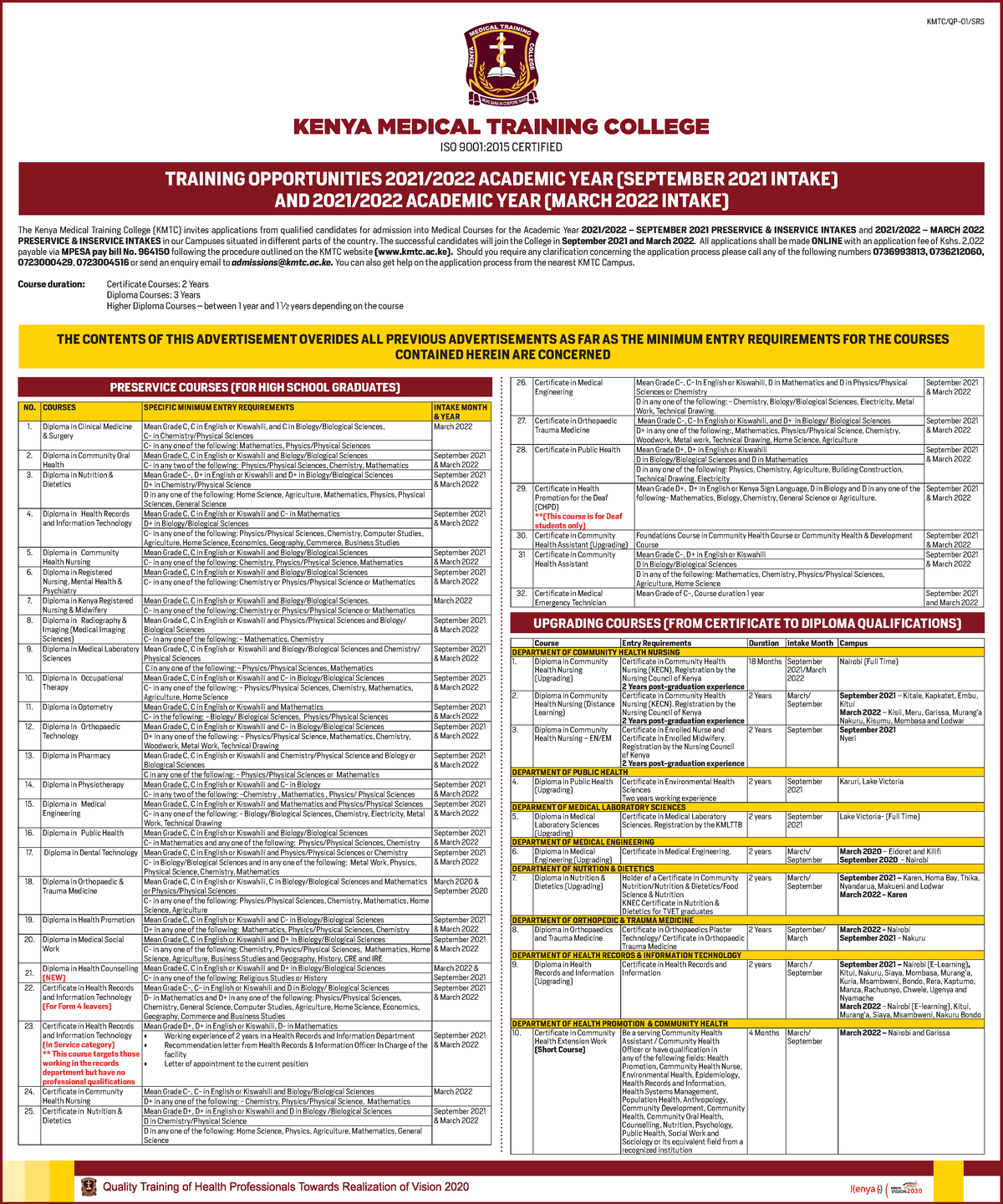 KMTC Advert For September 2021 And March 2022 Intakes - PRESERVICE ...