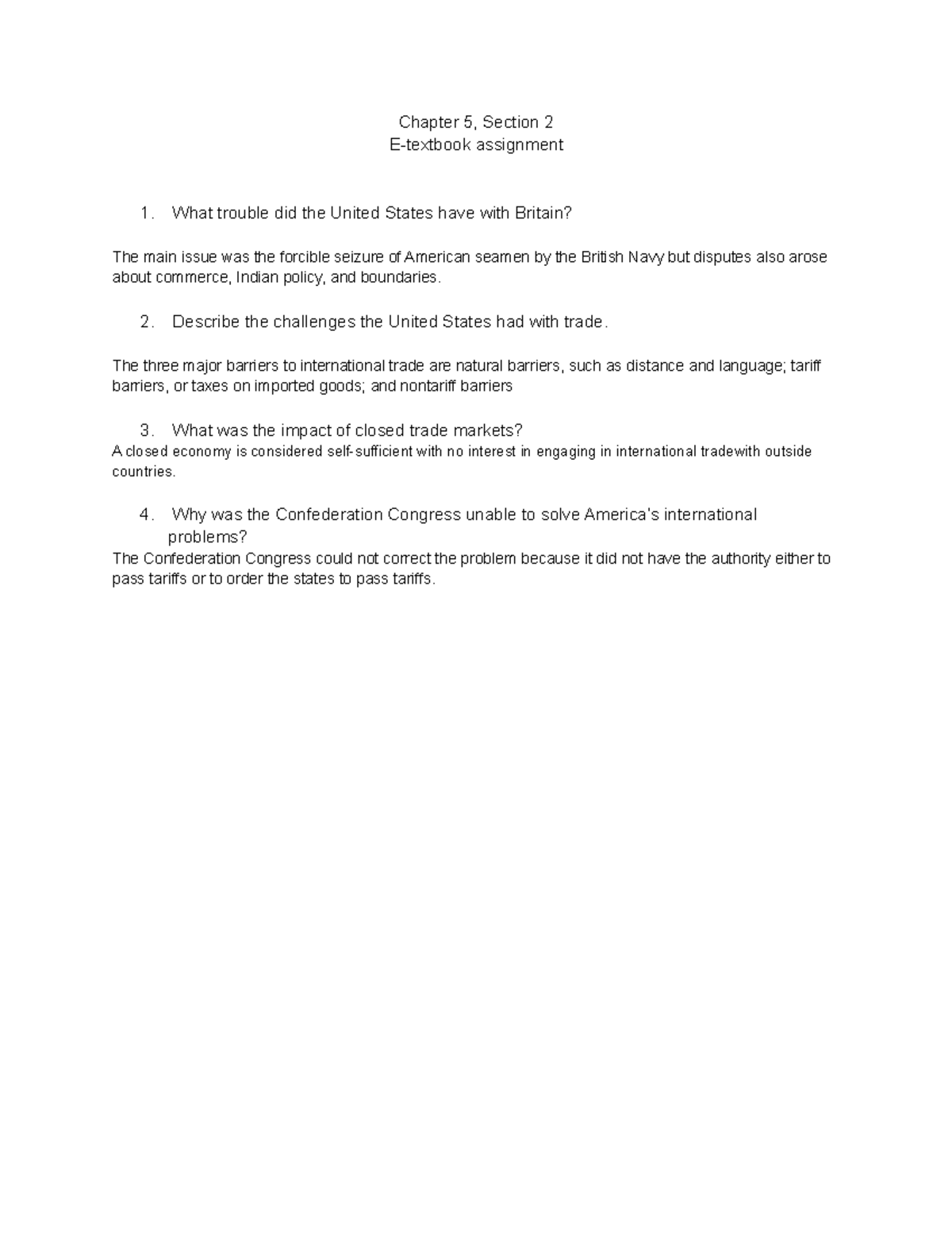 United States Trades Chapter 5, Section 2 Etextbook assignment 1