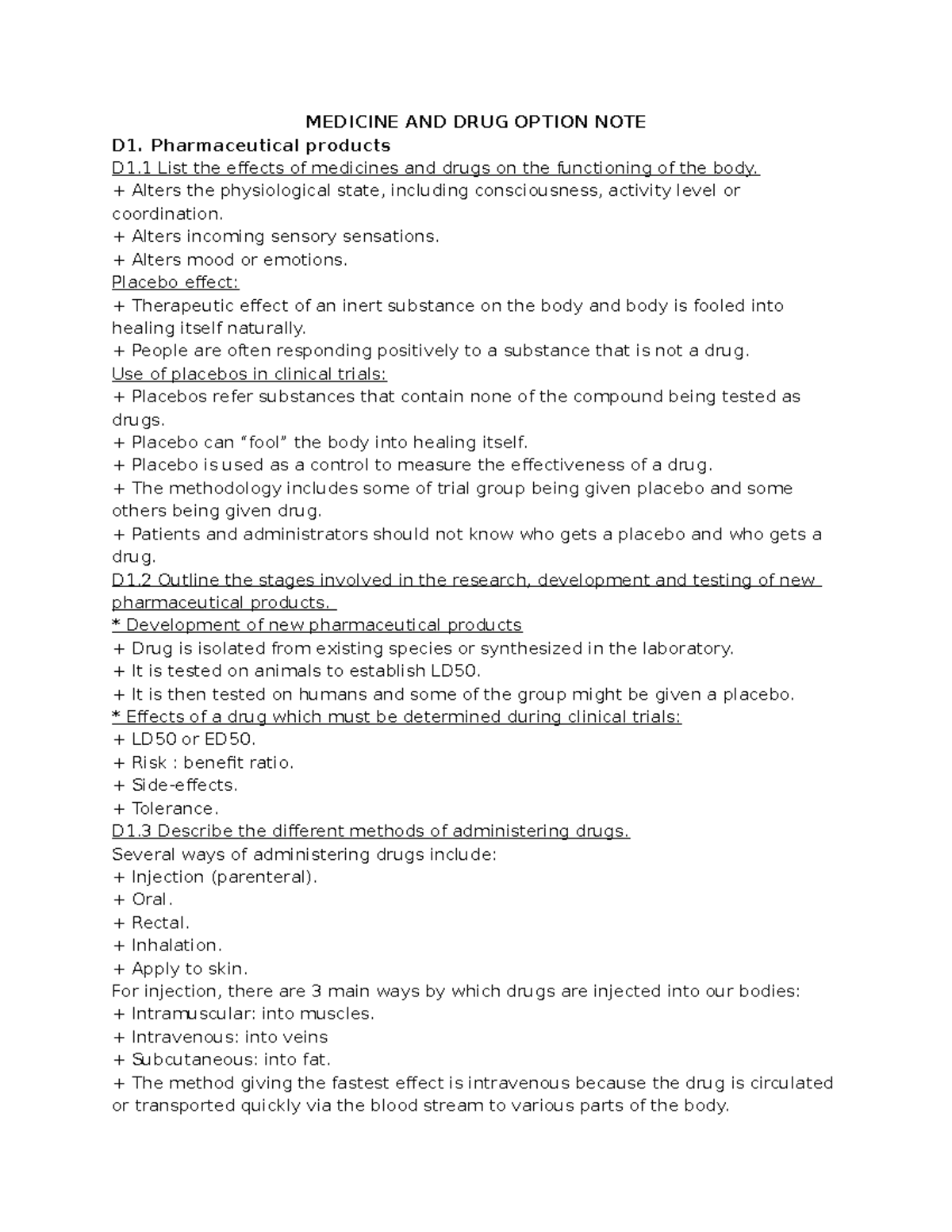 Medicine and drug option note 1 2 - MEDICINE AND DRUG OPTION NOTE D1 ...
