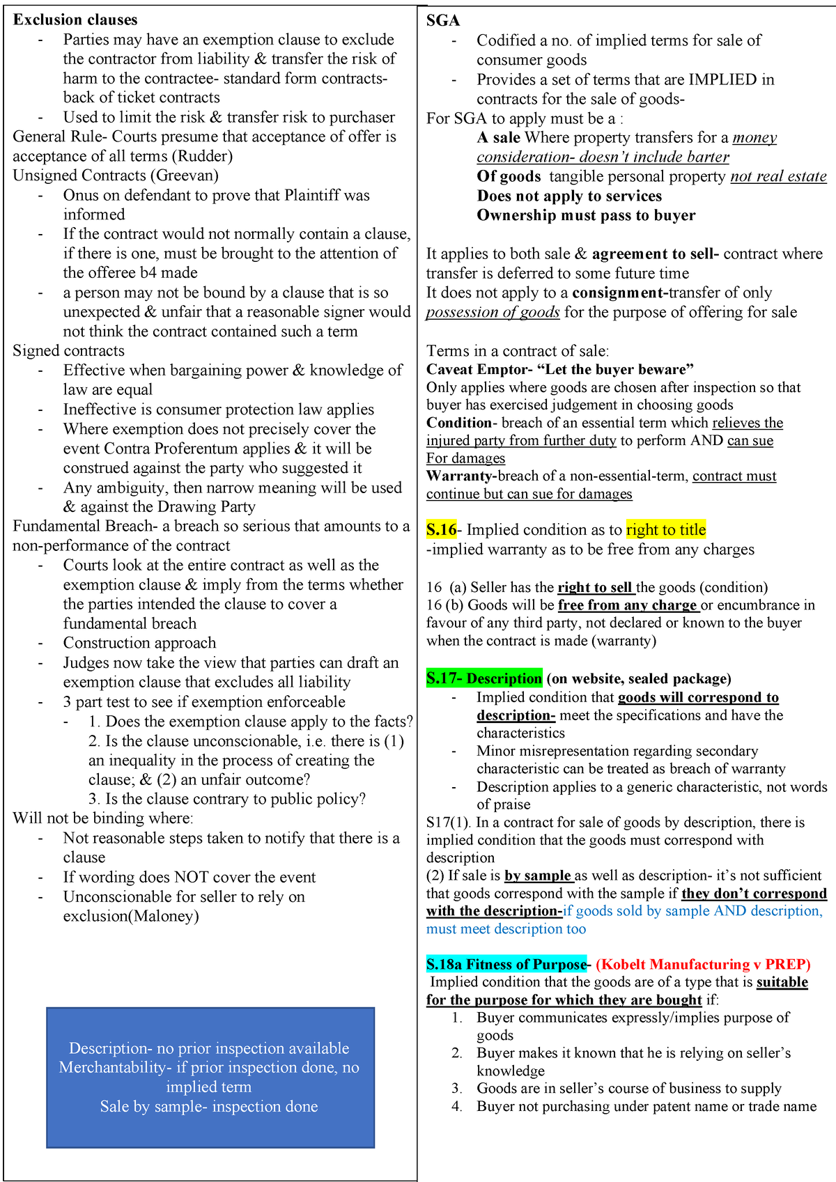 393 Notes - Exclusion clauses - Parties may have an exemption clause to ...