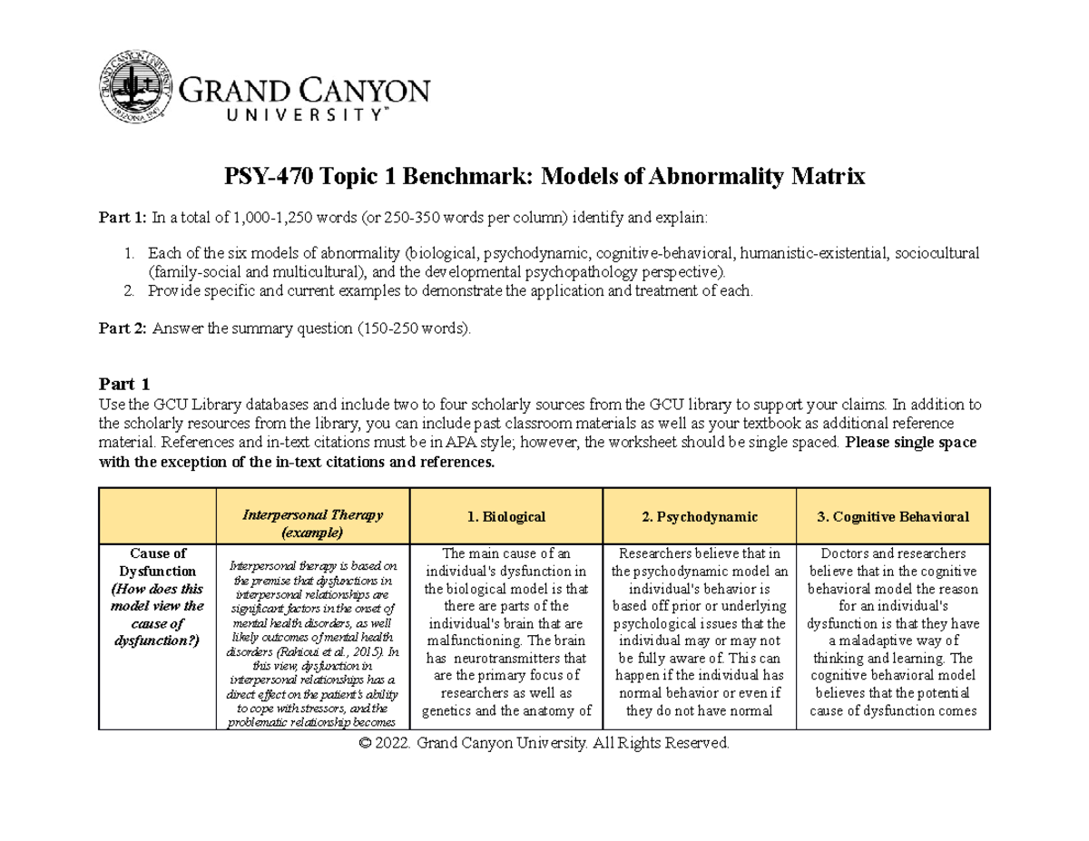 PSY 470 RS T1 Modelsof Abnormality Matrix Assignment - PSY-470 Topic 1 ...