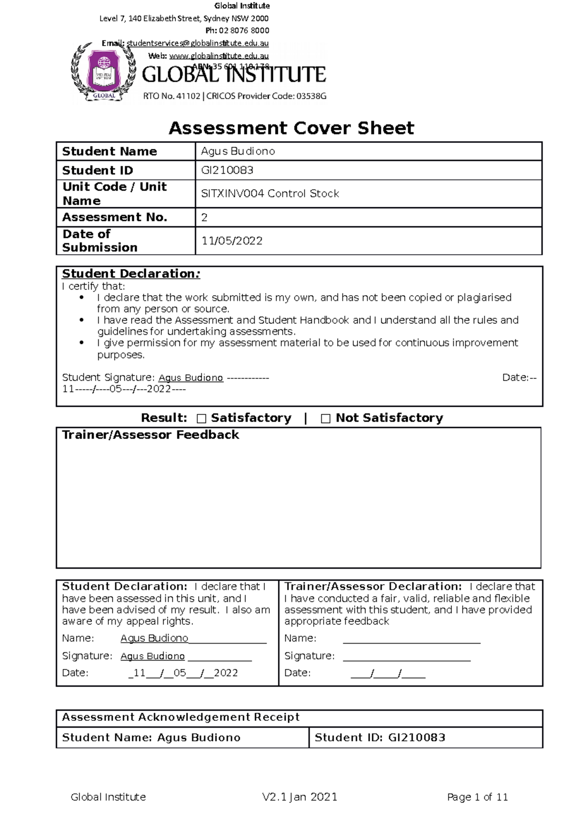 Sitxinv 004 Assessment task 2 global V2.1 - Agus Budiono Complete ...