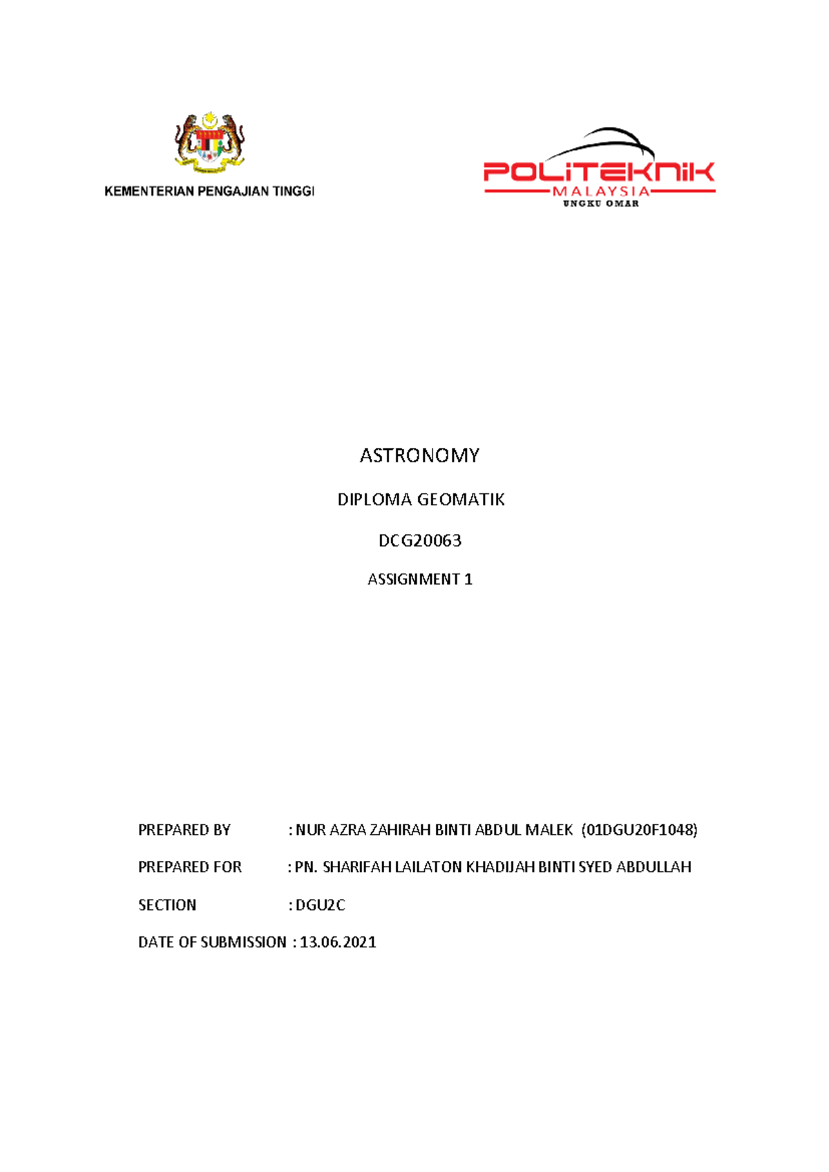 1048 assignment astro - ASTRONOMY DIPLOMA GEOMATIK DCG ASSIGNMENT 1 ...