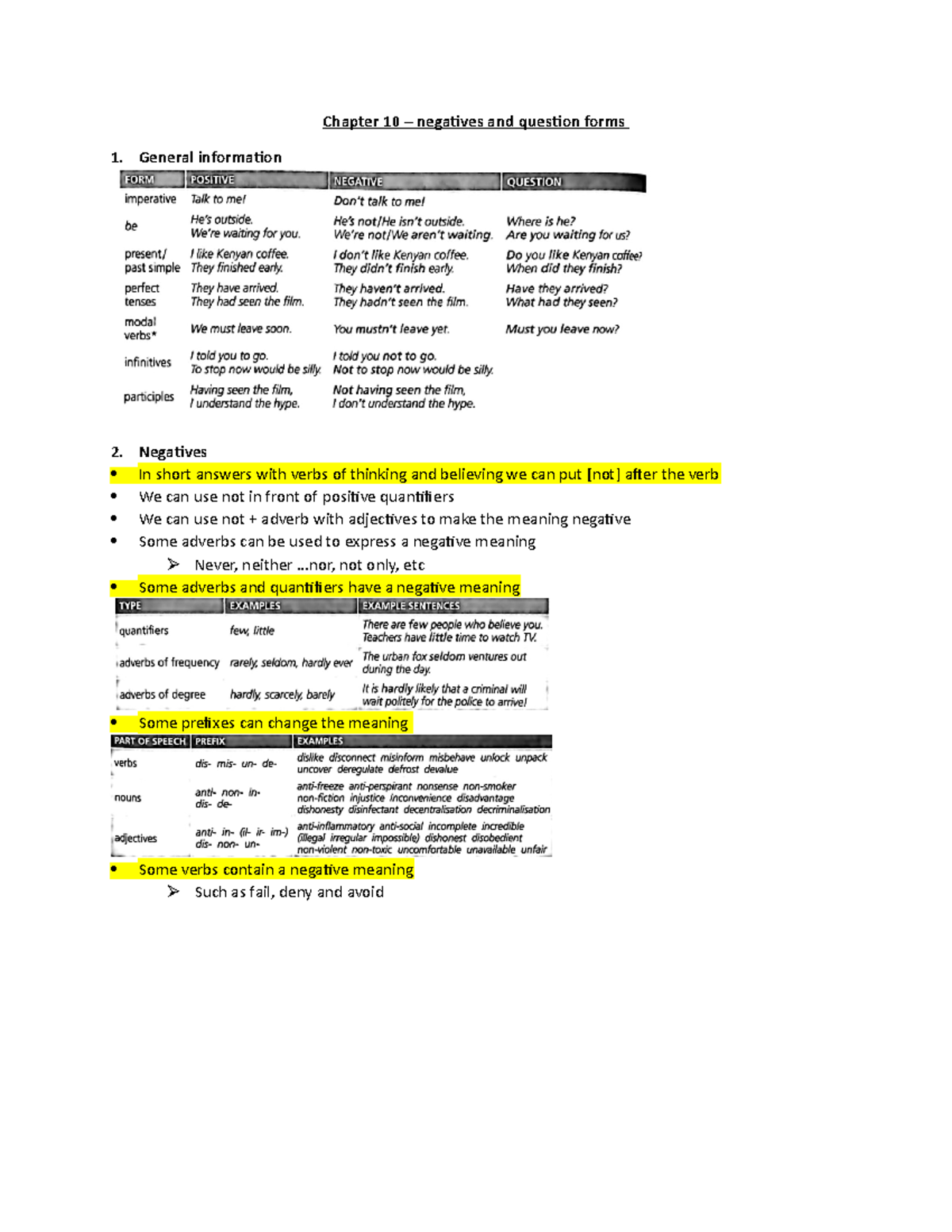 Chapter 10 – negatives and question forms - Chapter 10 – negatives and ...